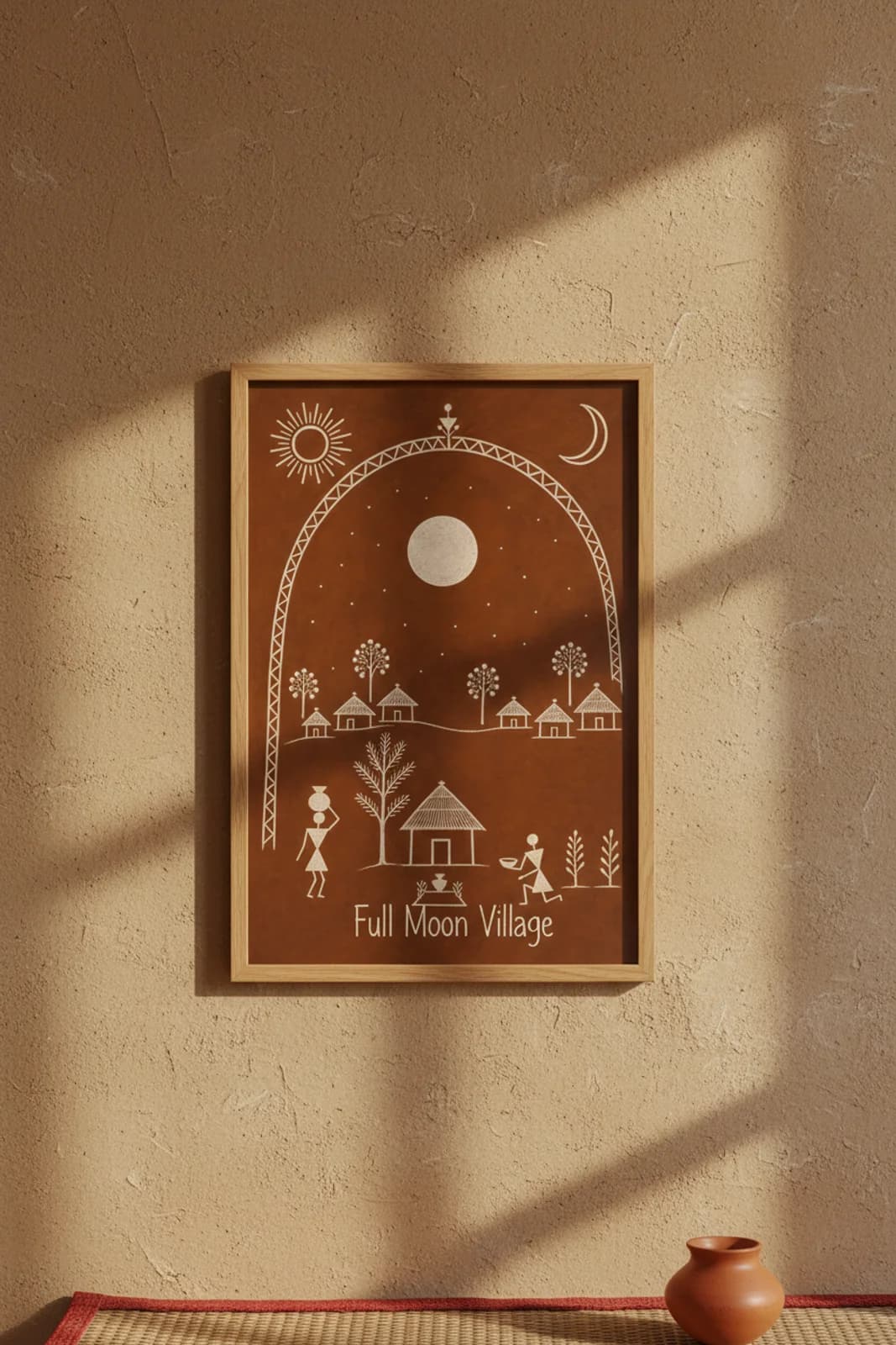 Full Moon Village Warli print in natural oak A2 frame on warm-earth-neutral mud-plaster wall — rustic Indian folk art mockup