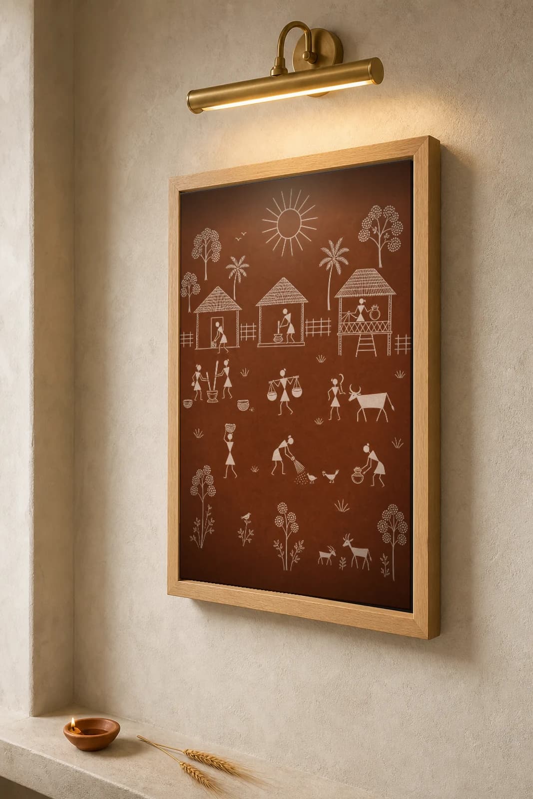 Dahanu Morning Chores Warli Poster — classical Indian folk art wall decor · framed A2 — the framed print shown at a three-quarter angle on a styled gallery wall in a natural-oak frame