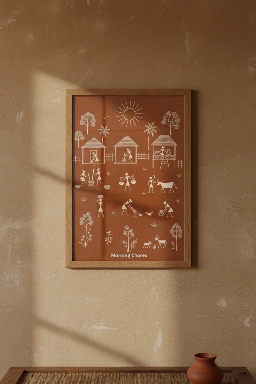 Morning Chores Warli print in natural oak A2 frame on warm-earth-neutral mud-plaster wall — rustic Indian folk art mockup