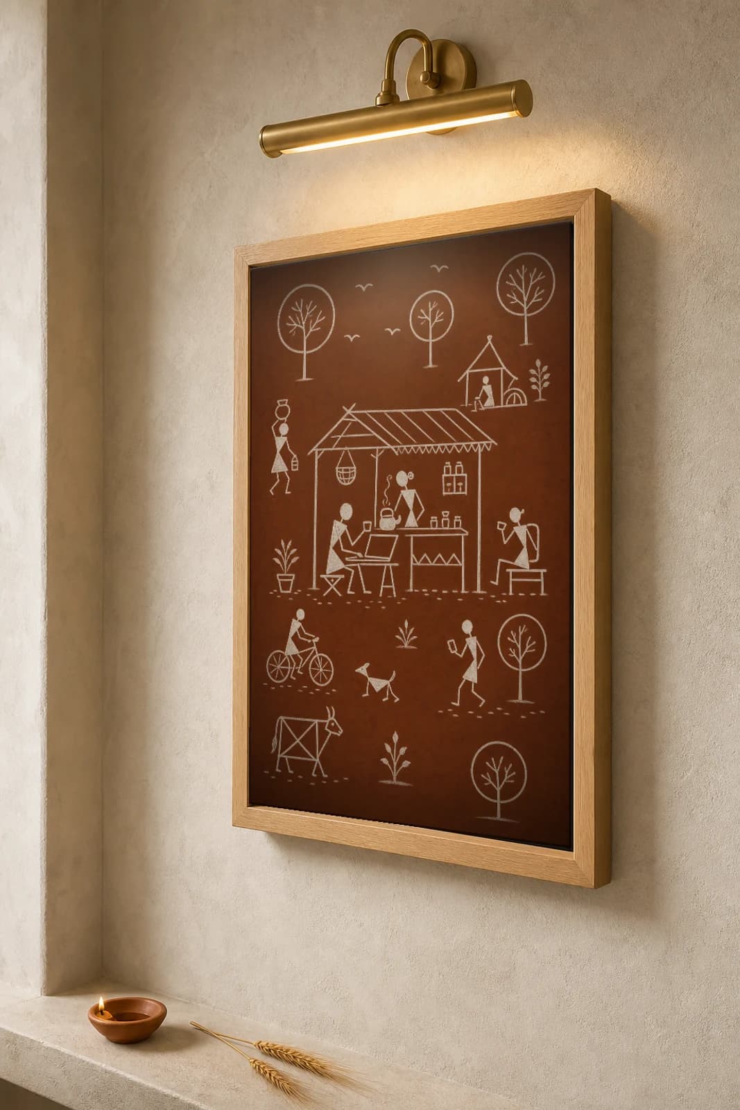 Pune Laptop Chai Stall Warli Poster — fusion Indian folk art wall decor · framed A2 — the framed print shown at a three-quarter angle on a styled gallery wall in a natural-oak frame