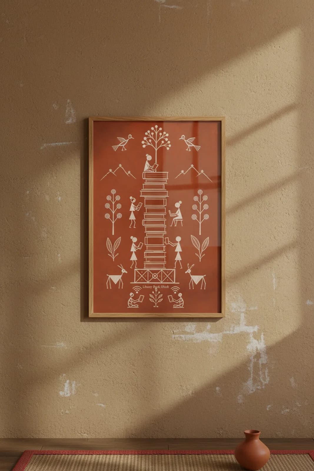 Library Book Stack Warli print in natural oak A2 frame on warm-earth-neutral mud-plaster wall — rustic Indian folk art mockup
