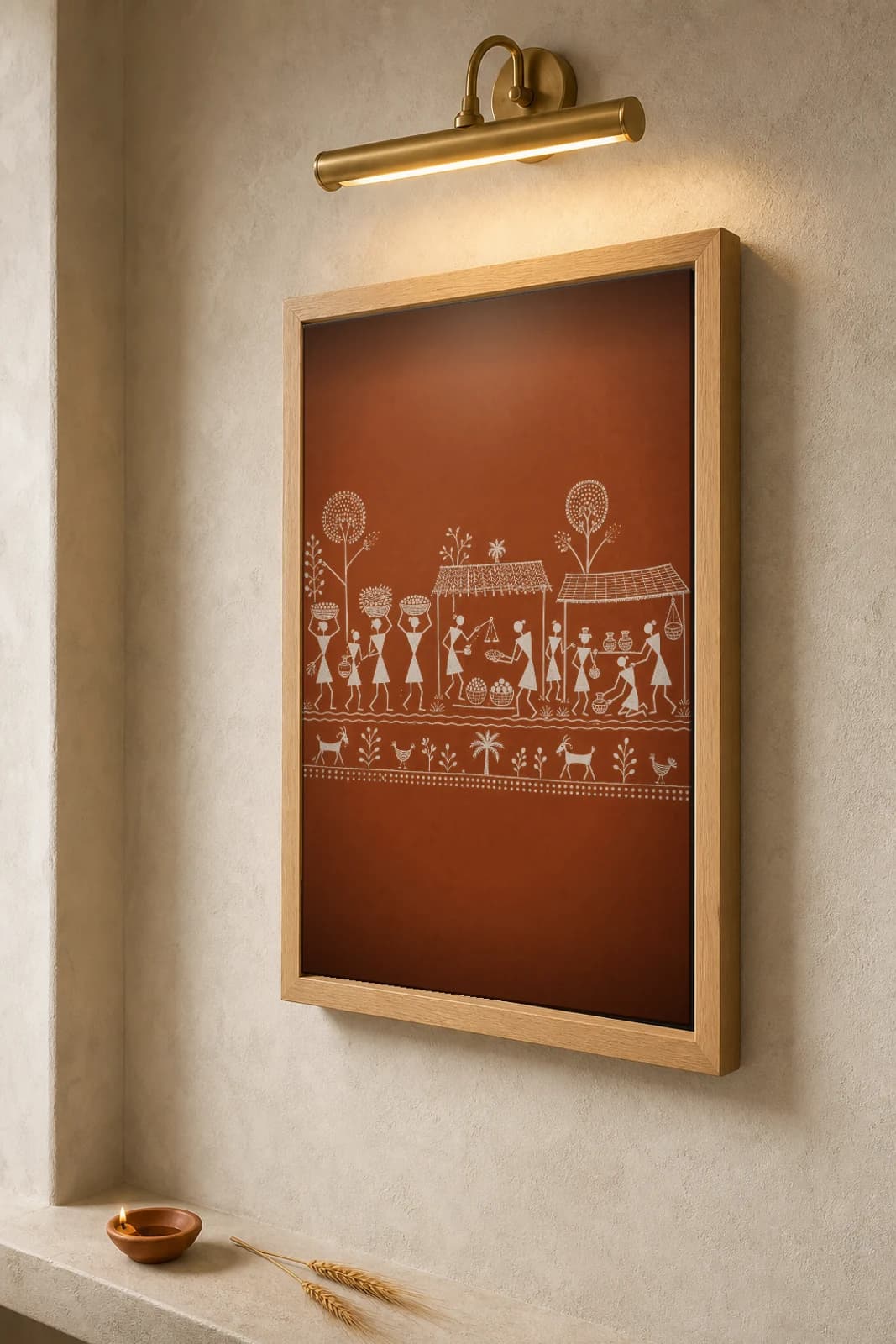 Jawhar Market Walk Warli Poster — classical Indian folk art wall decor · framed A2 — the framed print shown at a three-quarter angle on a styled gallery wall in a natural-oak frame
