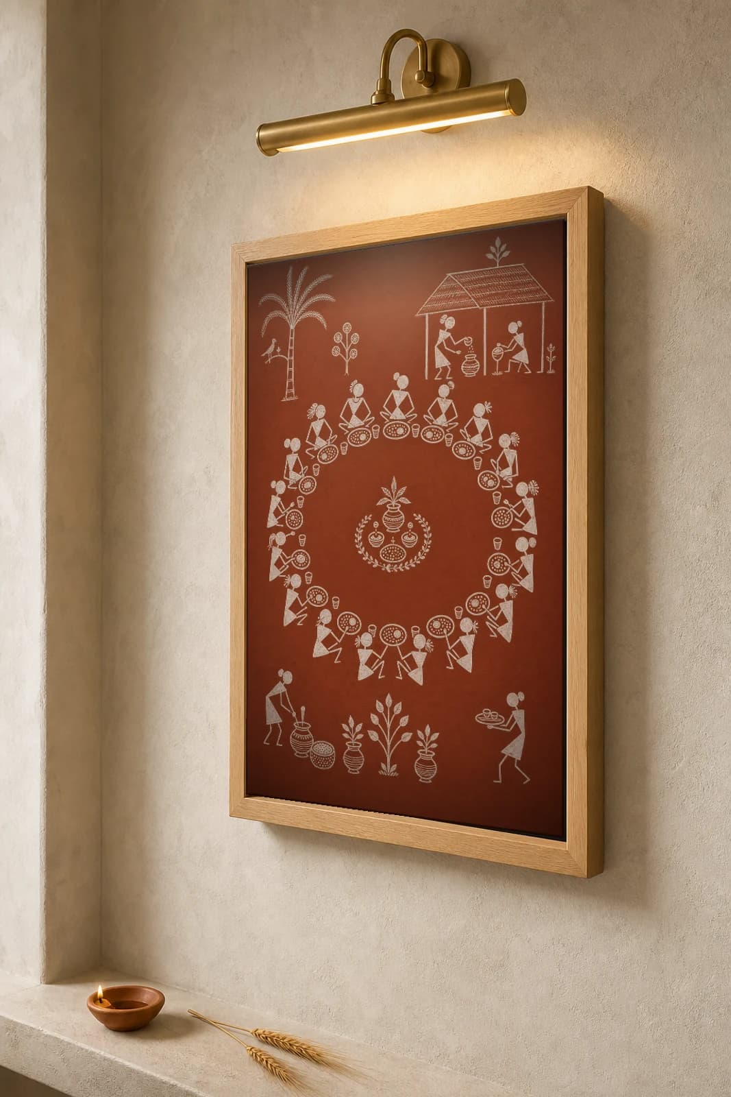 Palghar Marriage Feast Circle Warli Poster — classical Indian folk art wall decor · framed A2 — the framed print shown at a three-quarter angle on a styled gallery wall in a natural-oak frame