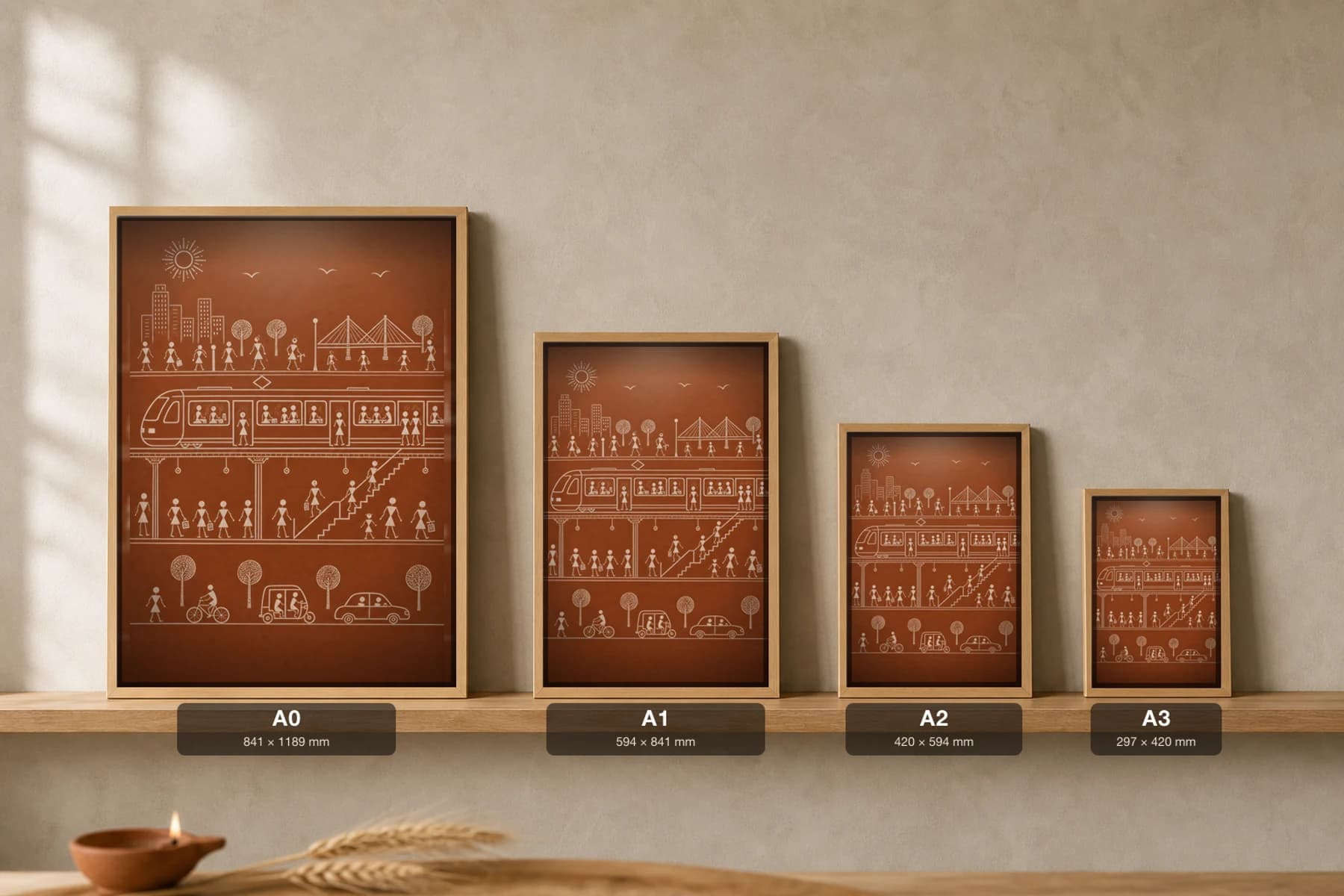 Mumbai Metro Mumbai Warli Poster — fusion Indian folk art wall decor · framed A2 — print size guide showing the artwork at A0, A1, A2 and A3 in natural-oak frames at true relative scale