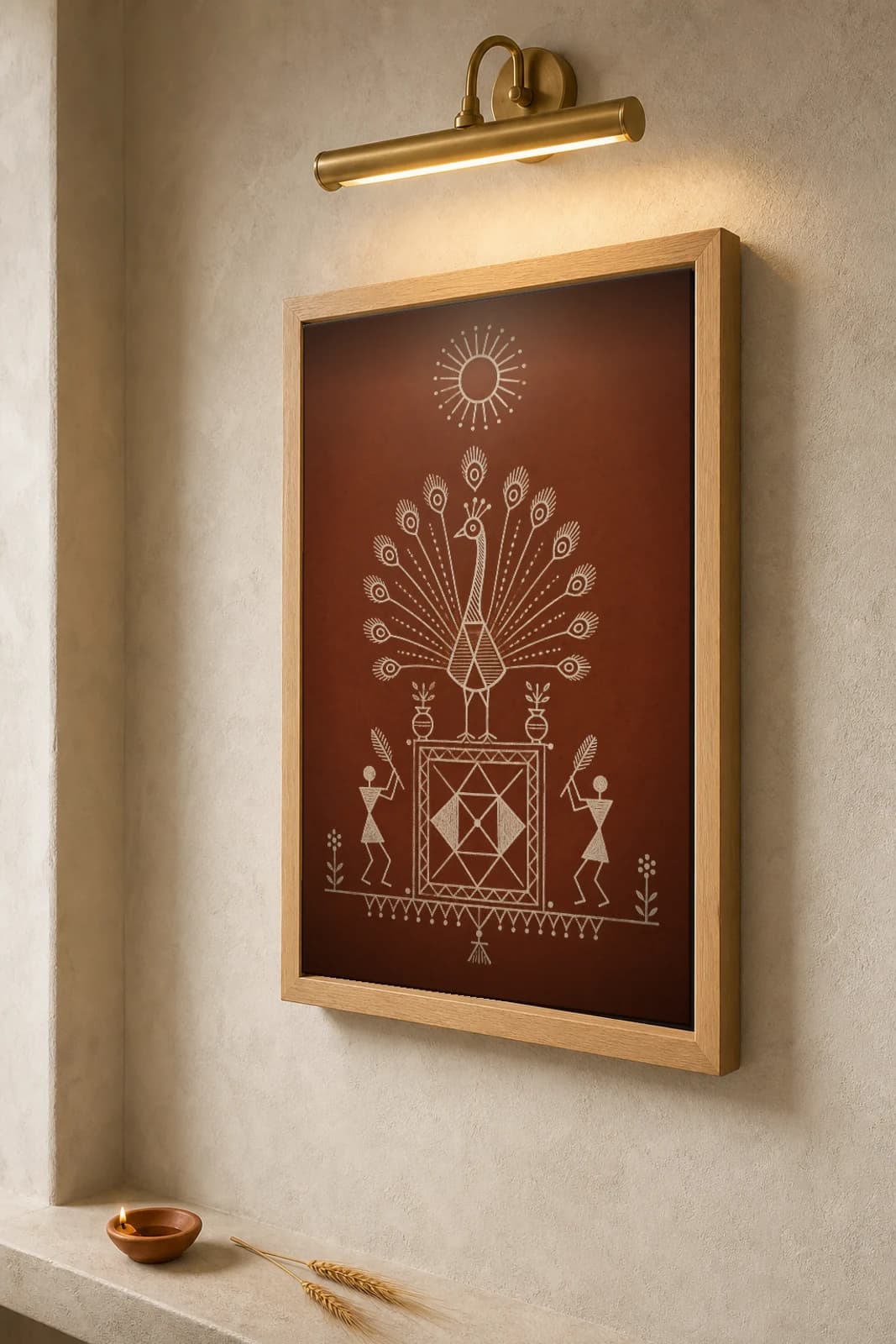 Vikramgad Mor Chauk Bird Warli Poster — classical Indian folk art wall decor · framed A2 — the framed print shown at a three-quarter angle on a styled gallery wall in a natural-oak frame