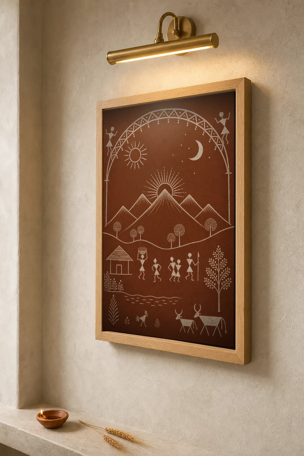 Talasari Mountain Sunrise Warli Poster — classical Indian folk art wall decor · framed A2 — the framed print shown at a three-quarter angle on a styled gallery wall in a natural-oak frame
