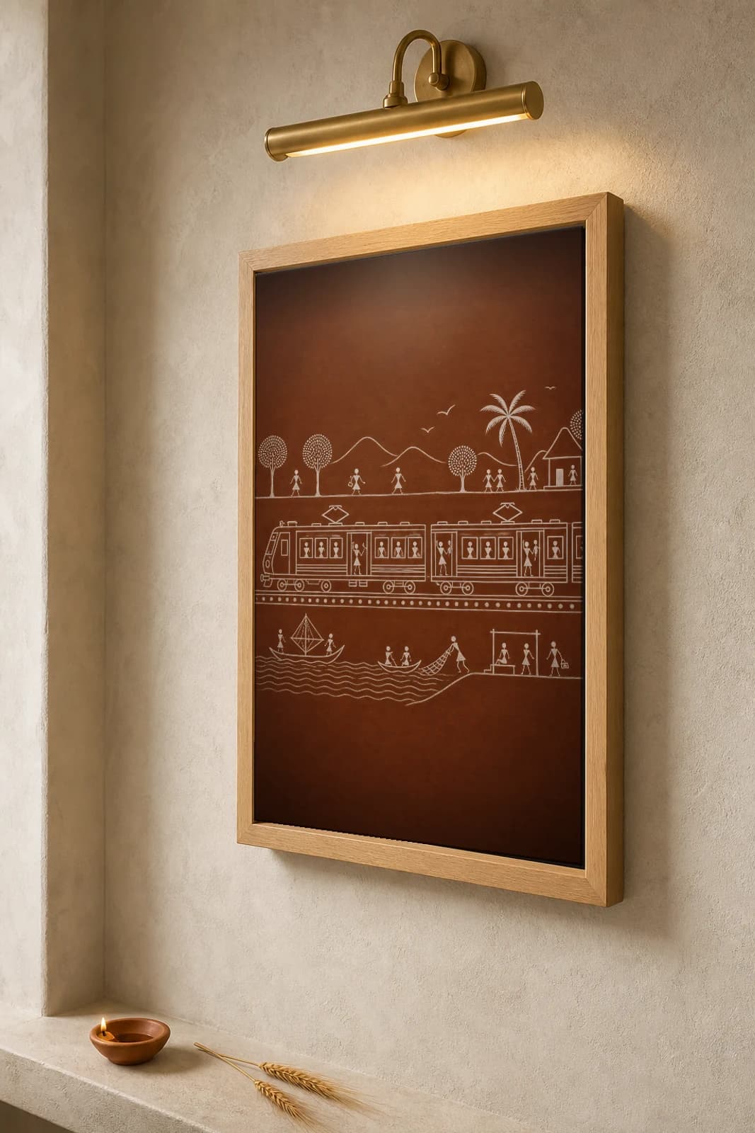Mumbai Mumbai Local Warli Poster — fusion Indian folk art wall decor · framed A2 — the framed print shown at a three-quarter angle on a styled gallery wall in a natural-oak frame