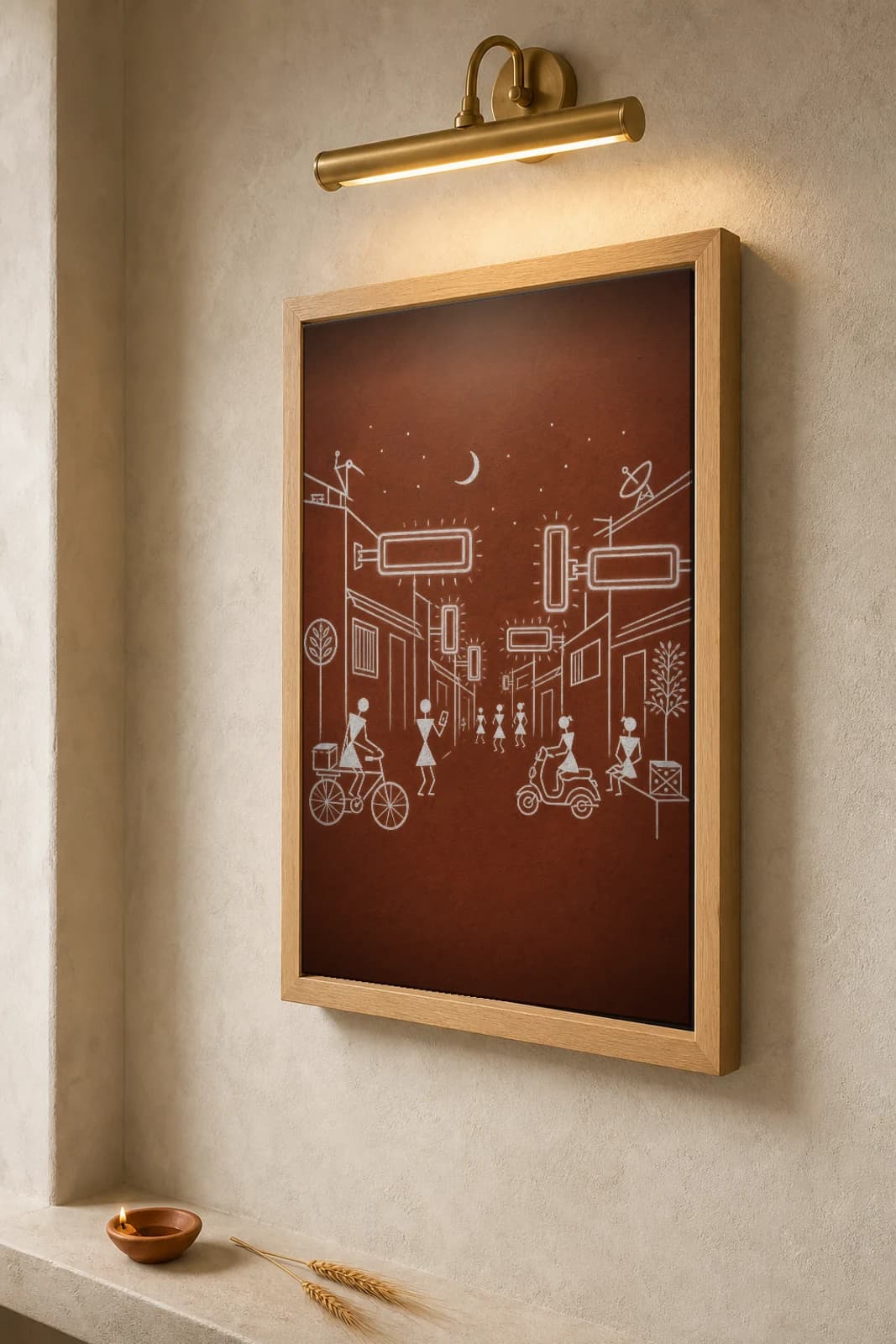 Mumbai Neon Alley Warli Poster — fusion Indian folk art wall decor · framed A2 — the framed print shown at a three-quarter angle on a styled gallery wall in a natural-oak frame