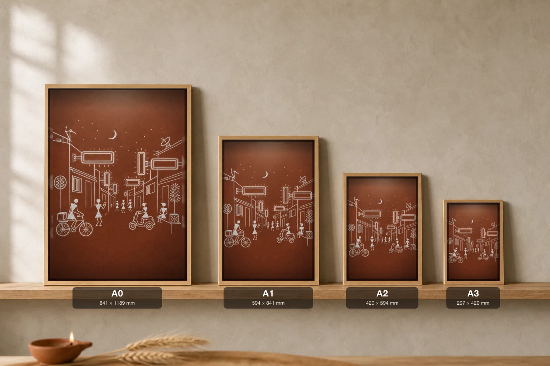 Mumbai Neon Alley Warli Poster — fusion Indian folk art wall decor · framed A2 — print size guide showing the artwork at A0, A1, A2 and A3 in natural-oak frames at true relative scale