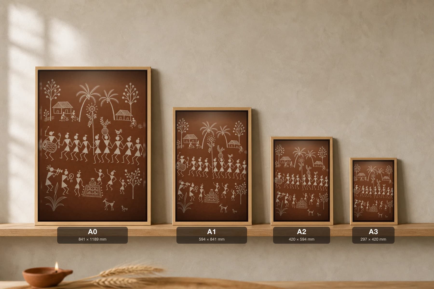 Talasari New Year Harvest Fete Warli Poster — classical Indian folk art wall decor · framed A2 — print size guide showing the artwork at A0, A1, A2 and A3 in natural-oak frames at true relative scale