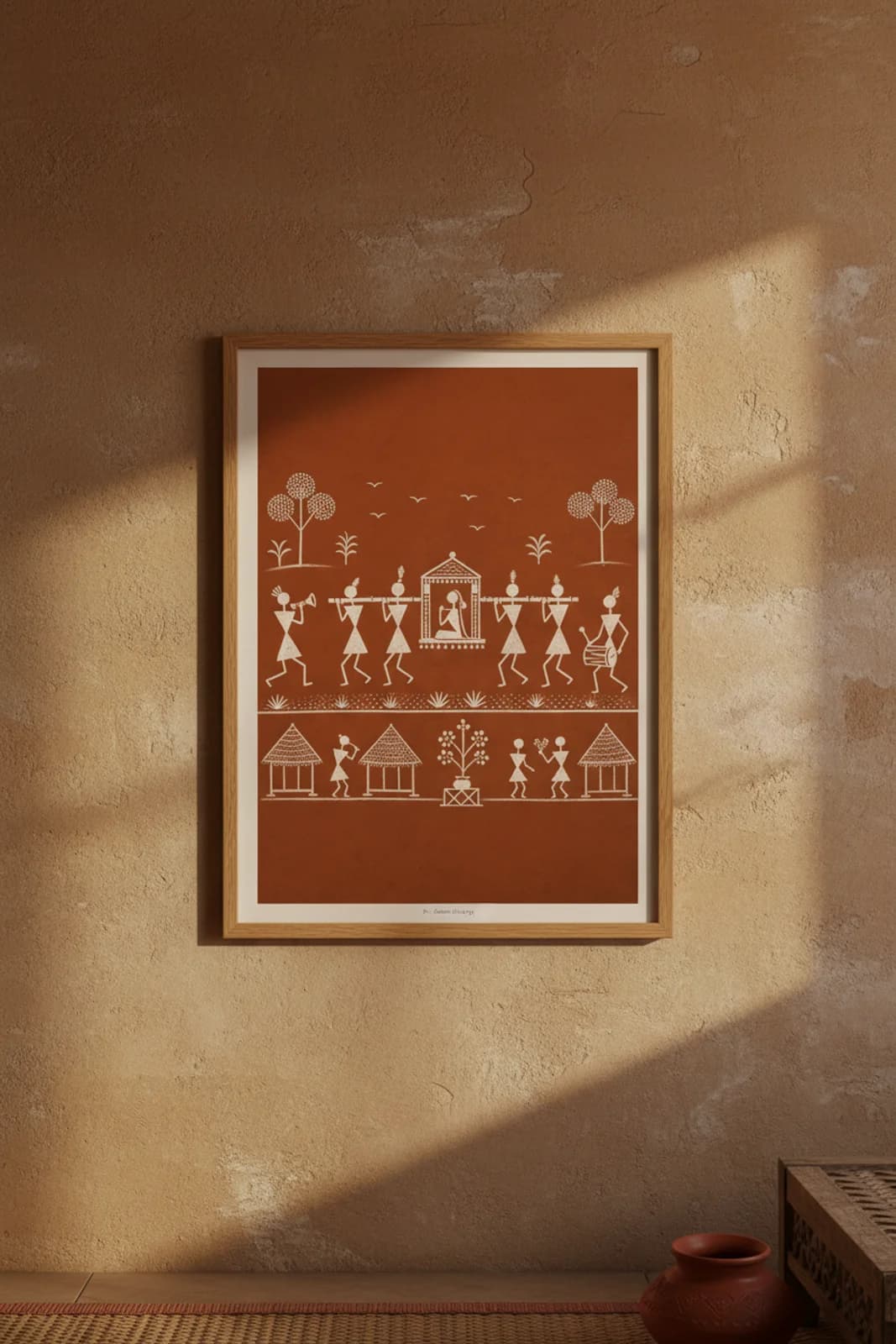Palanquin Carry Warli print in natural oak A2 frame on warm-earth-neutral mud-plaster wall — rustic Indian folk art mockup