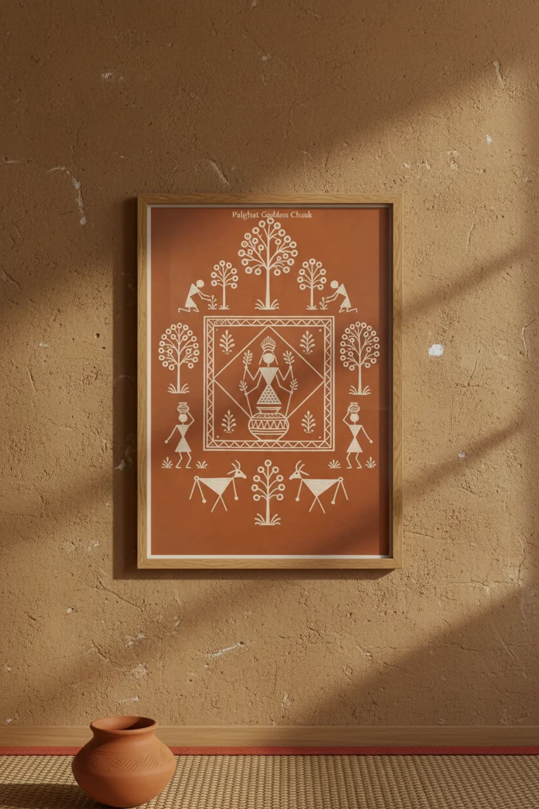 Palghat Goddess Chauk Warli print in natural oak A2 frame on warm-earth-neutral mud-plaster wall — rustic Indian folk art mockup