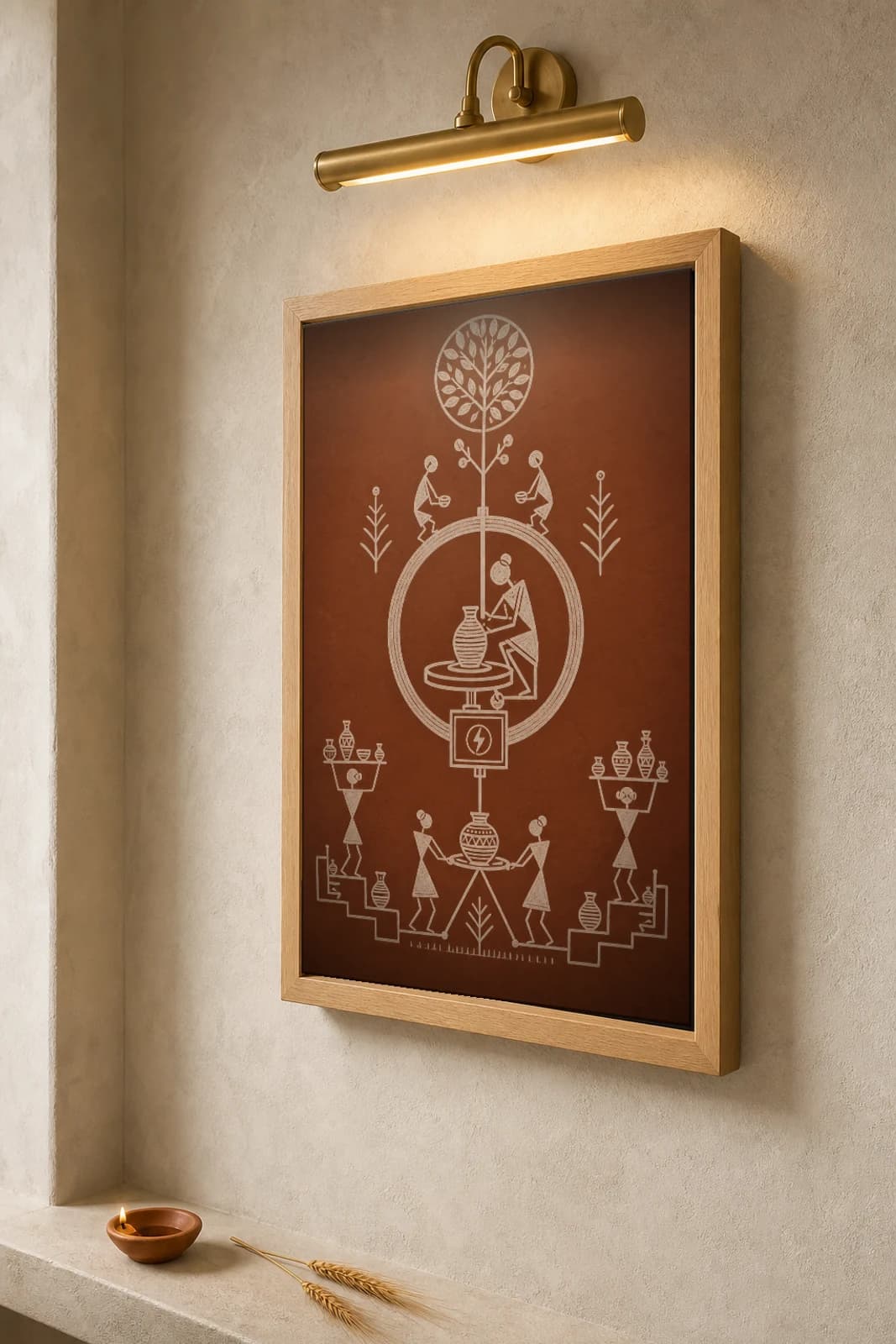Khurja Electric Potter Wheel Warli Poster — fusion Indian folk art wall decor · framed A2 — the framed print shown at a three-quarter angle on a styled gallery wall in a natural-oak frame