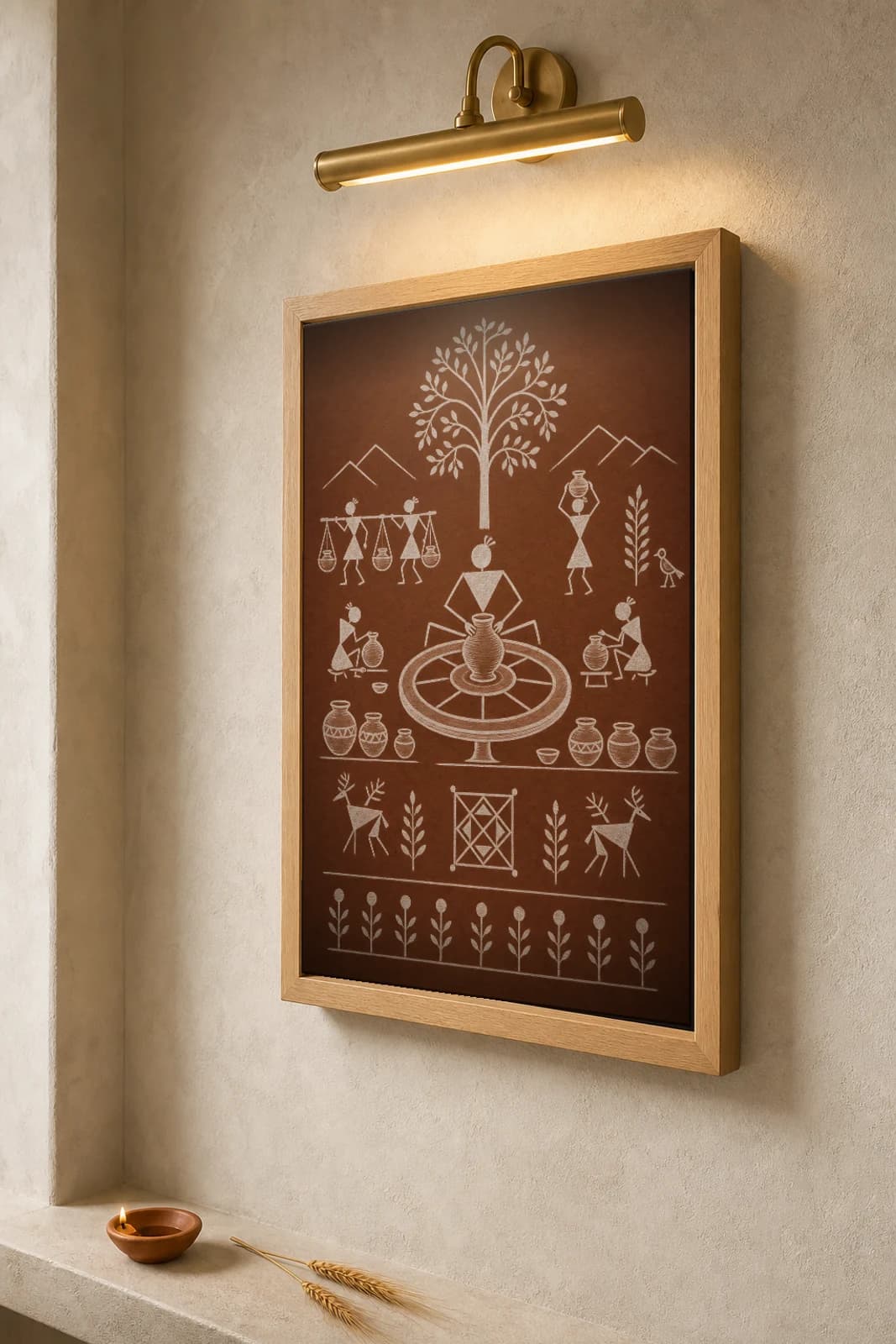 Palghar Potter Wheel Scene Warli Poster — classical Indian folk art wall decor · framed A2 — the framed print shown at a three-quarter angle on a styled gallery wall in a natural-oak frame