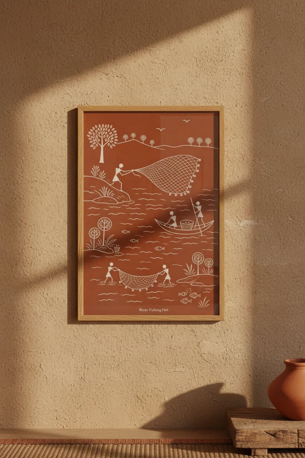 River Fishing Net Warli print in natural oak A2 frame on warm-earth-neutral mud-plaster wall — rustic Indian folk art mockup