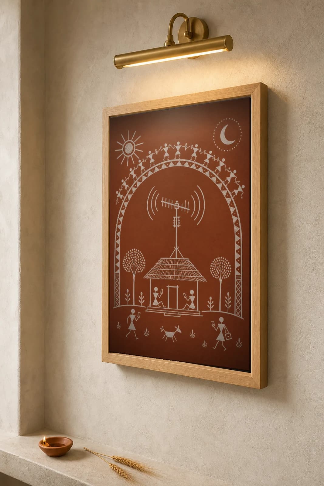 Rural Maharashtra Rooftop Antenna Warli Poster — fusion Indian folk art wall decor · framed A2 — the framed print shown at a three-quarter angle on a styled gallery wall in a natural-oak frame