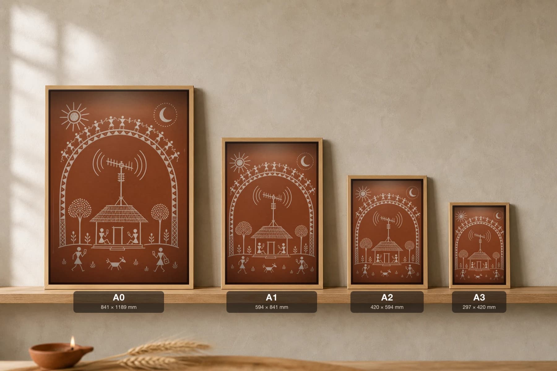 Rural Maharashtra Rooftop Antenna Warli Poster — fusion Indian folk art wall decor · framed A2 — print size guide showing the artwork at A0, A1, A2 and A3 in natural-oak frames at true relative scale