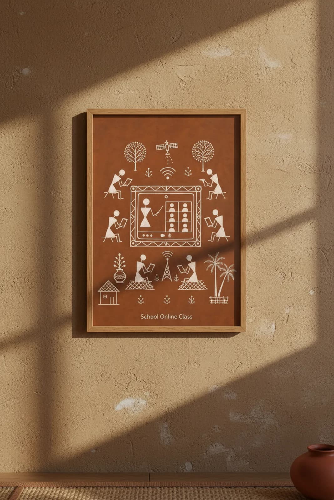 School Online Class Warli print in natural oak A2 frame on warm-earth-neutral mud-plaster wall — rustic Indian folk art mockup
