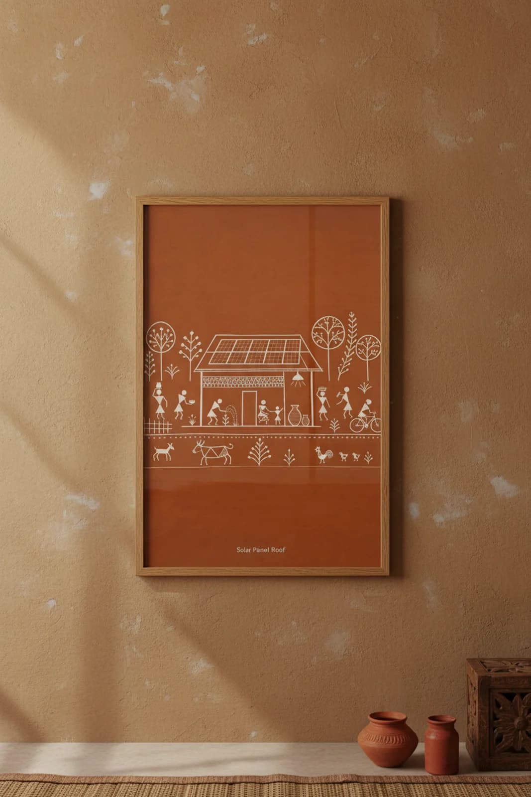 Solar Panel Roof Warli print in natural oak A2 frame on warm-earth-neutral mud-plaster wall — rustic Indian folk art mockup