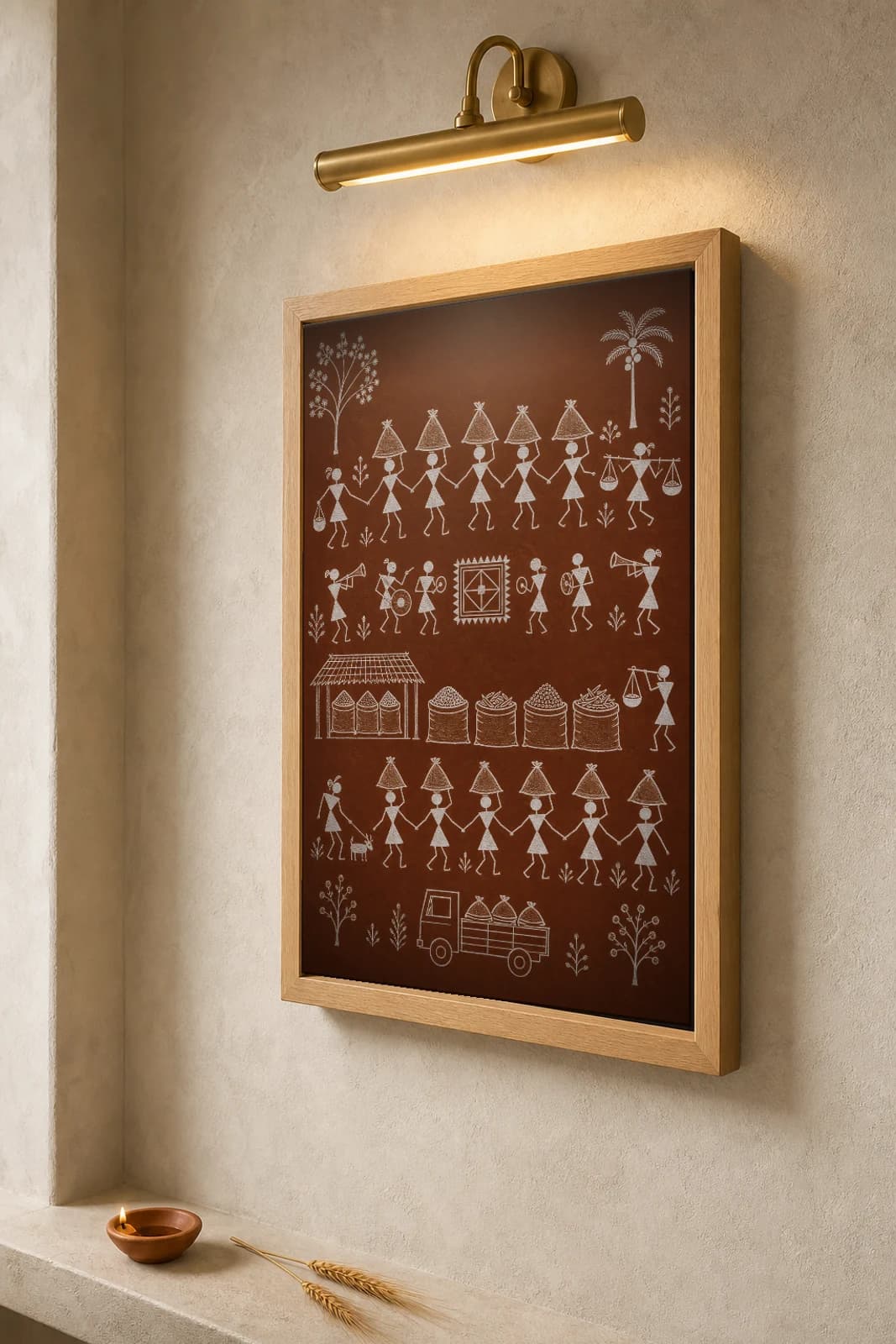 Kerala Spice Market Warli Poster — fusion Indian folk art wall decor · framed A2 — the framed print shown at a three-quarter angle on a styled gallery wall in a natural-oak frame