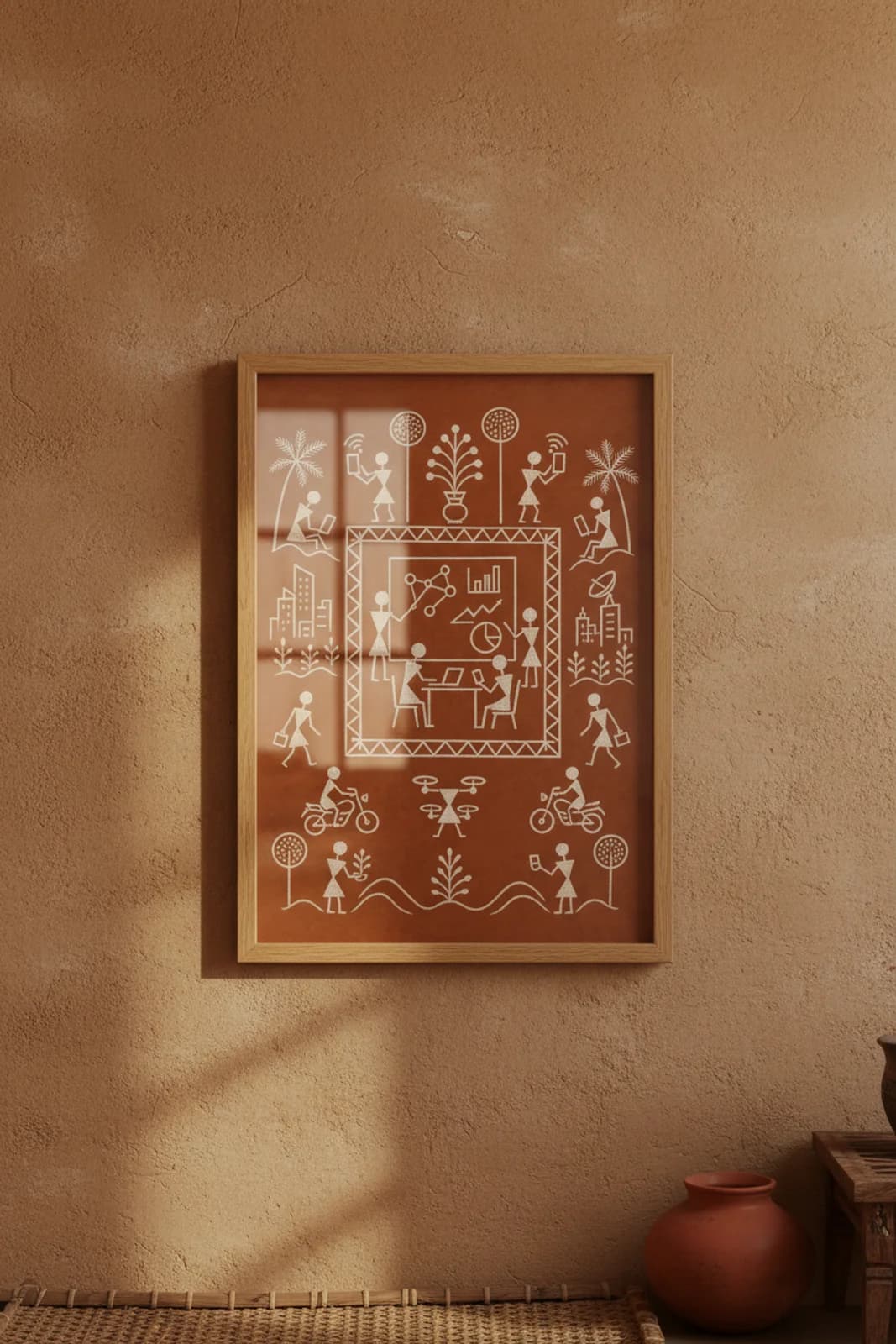 Startup Whiteboard Warli print in natural oak A2 frame on warm-earth-neutral mud-plaster wall — rustic Indian folk art mockup