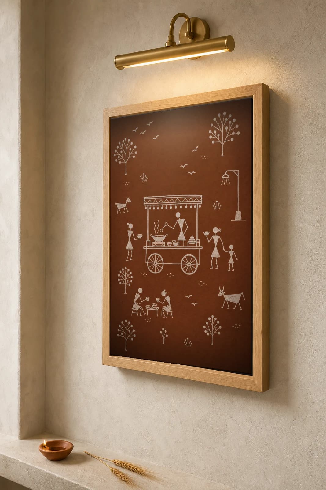 Delhi Street Food Cart Warli Poster — fusion Indian folk art wall decor · framed A2 — the framed print shown at a three-quarter angle on a styled gallery wall in a natural-oak frame