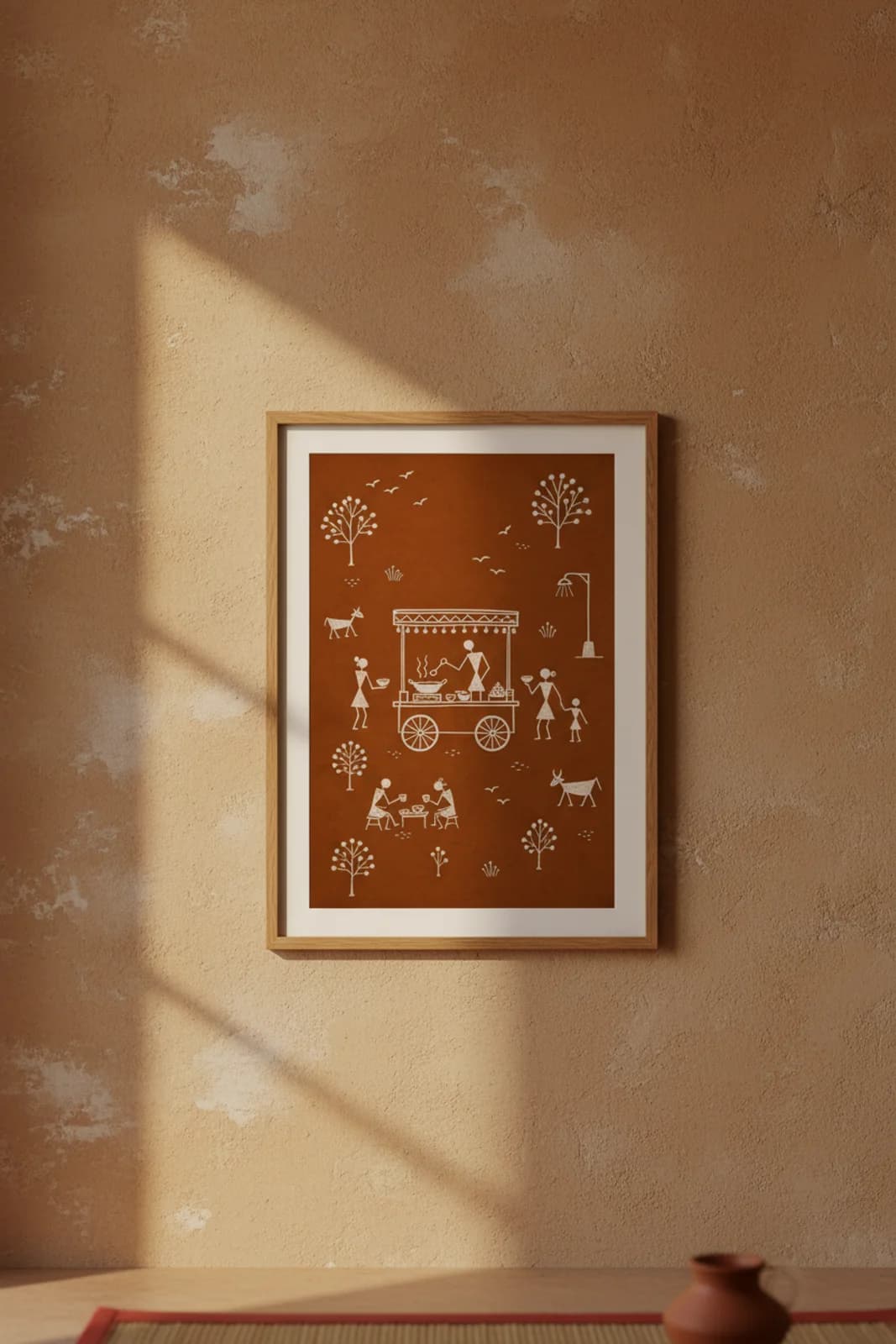 Street Food Cart Warli print in natural oak A2 frame on warm-earth-neutral mud-plaster wall — rustic Indian folk art mockup