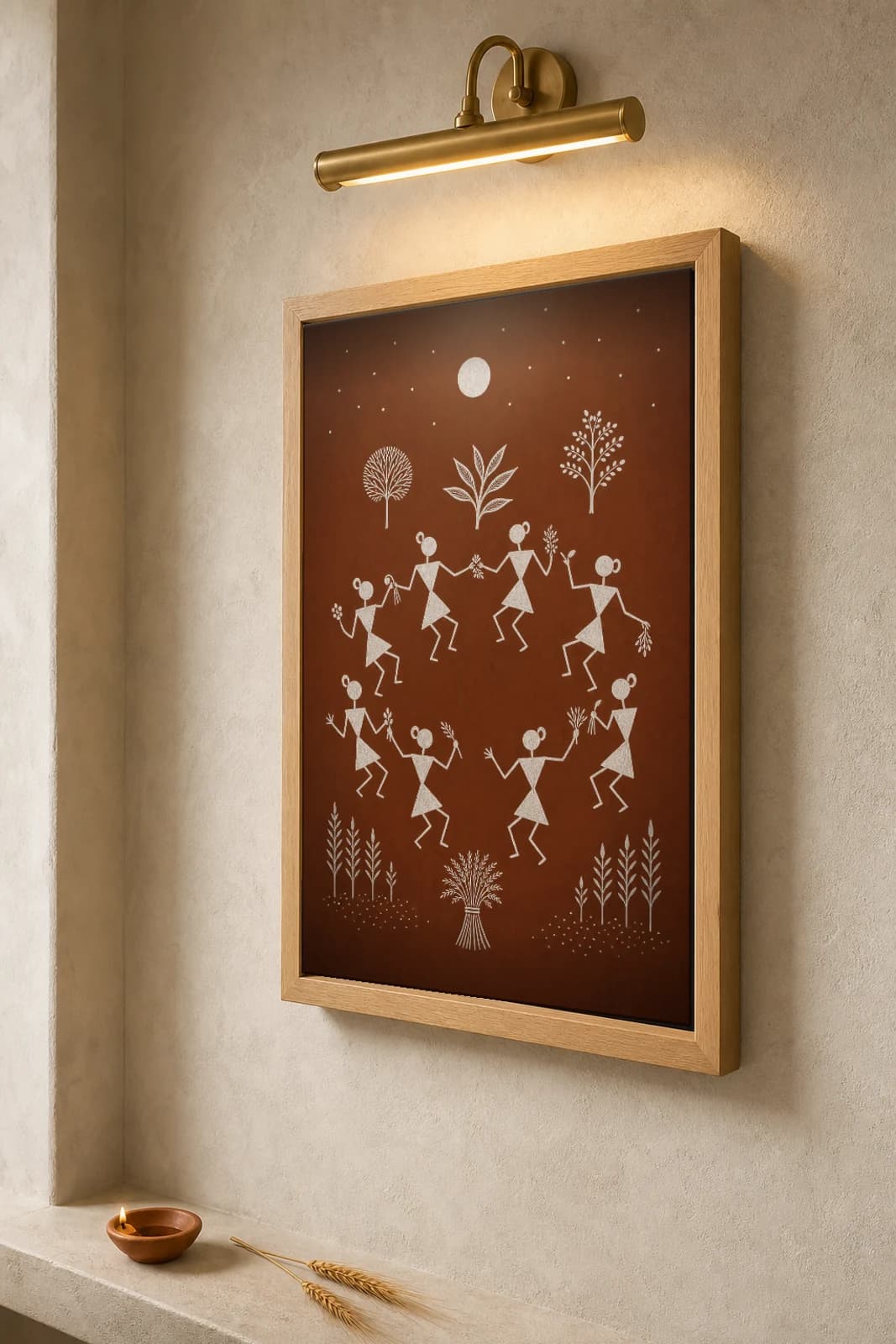 Talasari Tarpa Harvest Eve Warli Poster — classical Indian folk art wall decor · framed A2 — the framed print shown at a three-quarter angle on a styled gallery wall in a natural-oak frame