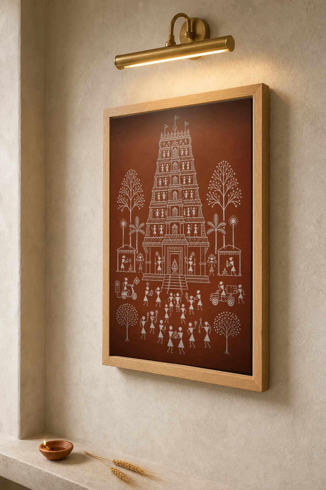 Tamil Nadu Temple Gopuram Warli Poster — fusion Indian folk art wall decor · framed A2 — the framed print shown at a three-quarter angle on a styled gallery wall in a natural-oak frame