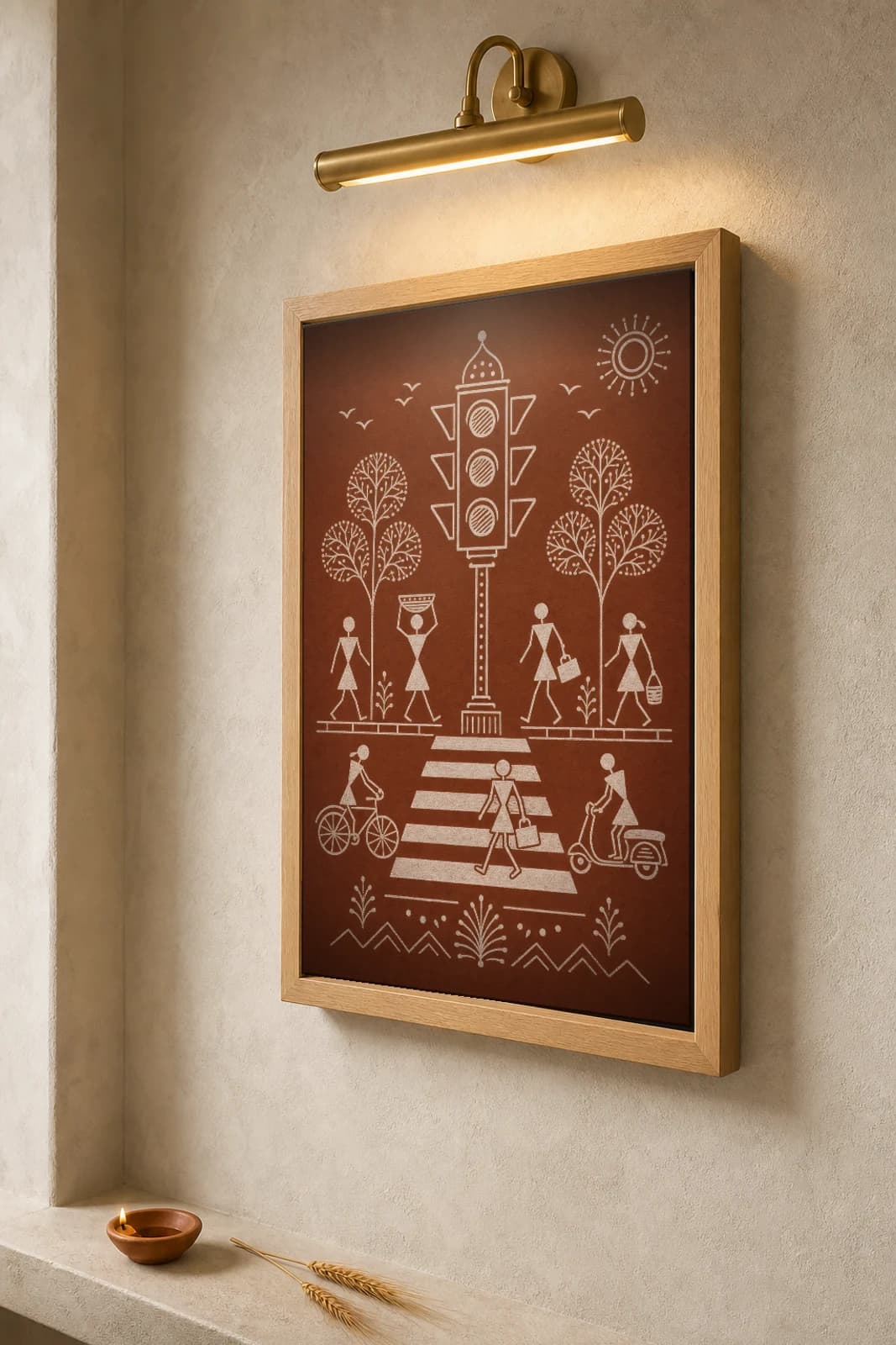 Bangalore Traffic Signal Warli Poster — fusion Indian folk art wall decor · framed A2 — the framed print shown at a three-quarter angle on a styled gallery wall in a natural-oak frame