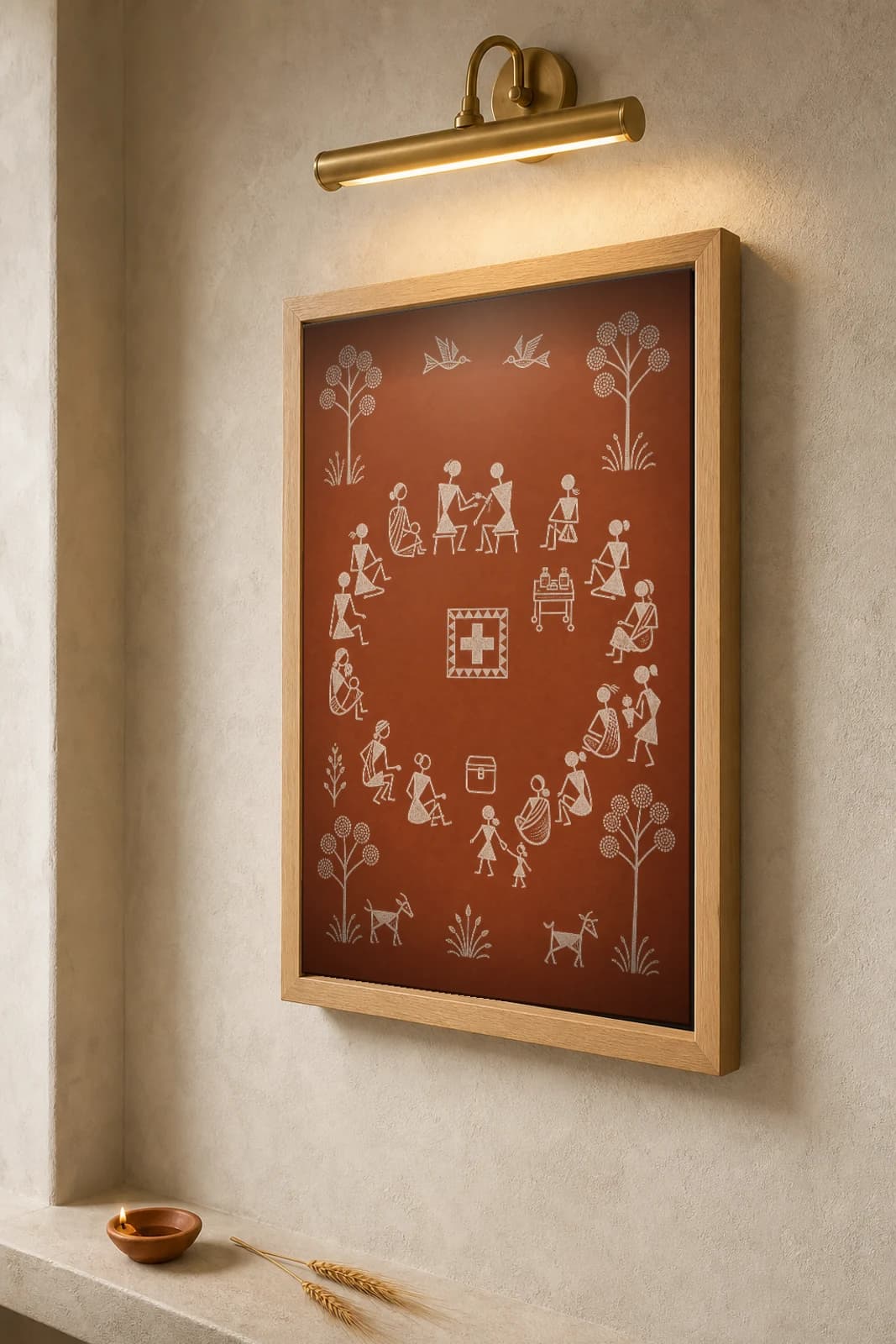 India Vaccine Camp Warli Poster — fusion Indian folk art wall decor · framed A2 — the framed print shown at a three-quarter angle on a styled gallery wall in a natural-oak frame