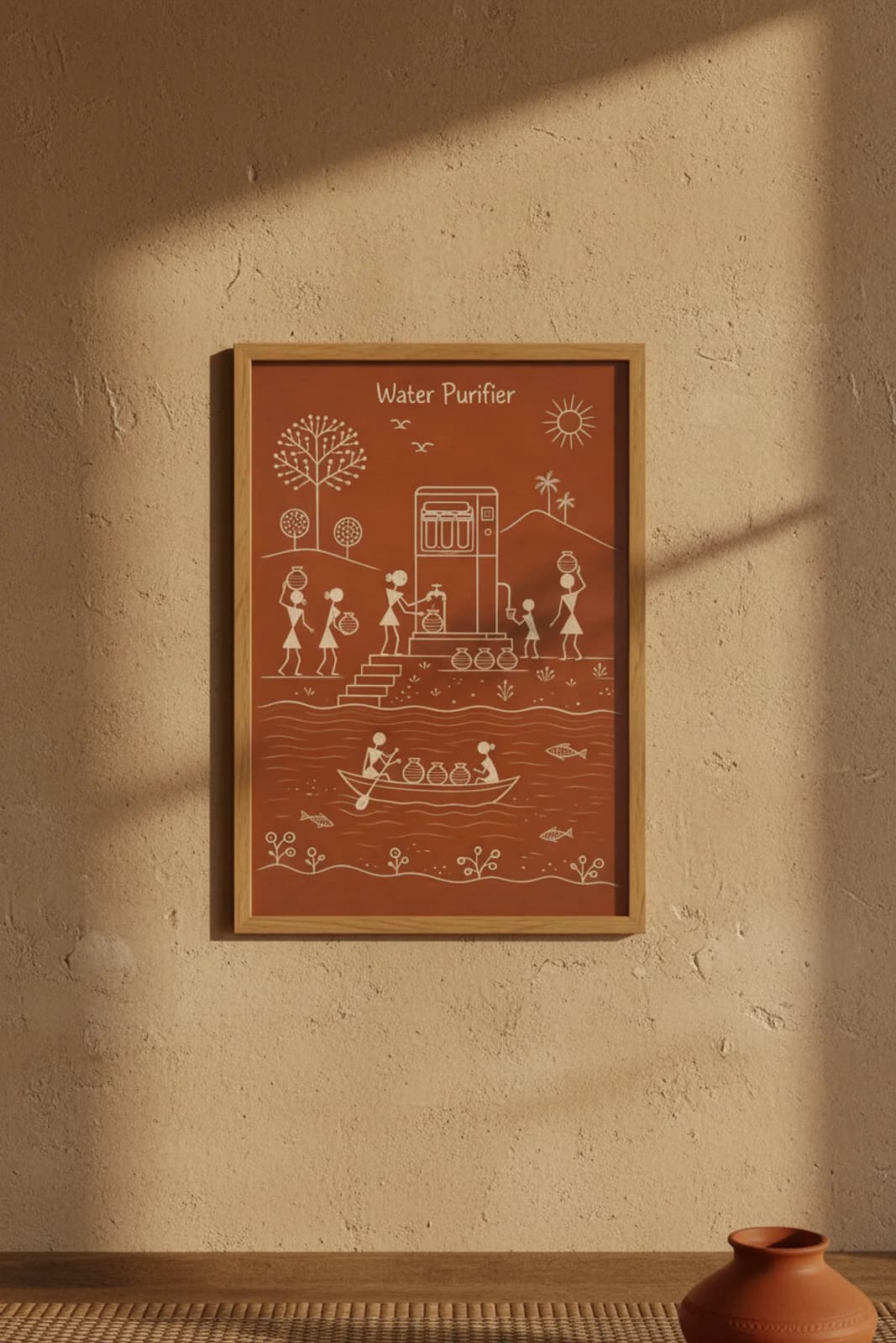 Water Purifier Warli print in natural oak A2 frame on warm-earth-neutral mud-plaster wall — rustic Indian folk art mockup