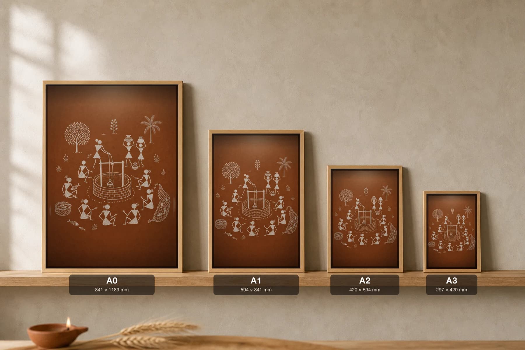 Jawhar Water Well Gather Warli Poster — classical Indian folk art wall decor · framed A2 — print size guide showing the artwork at A0, A1, A2 and A3 in natural-oak frames at true relative scale