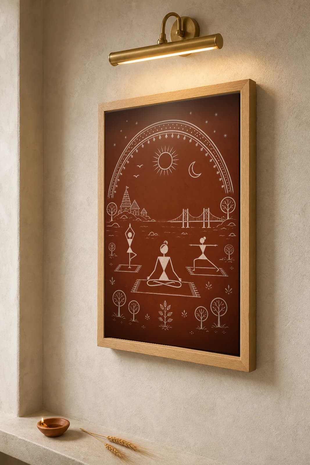 Rishikesh Yoga Mat Sunrise Warli Poster — fusion Indian folk art wall decor · framed A2 — the framed print shown at a three-quarter angle on a styled gallery wall in a natural-oak frame