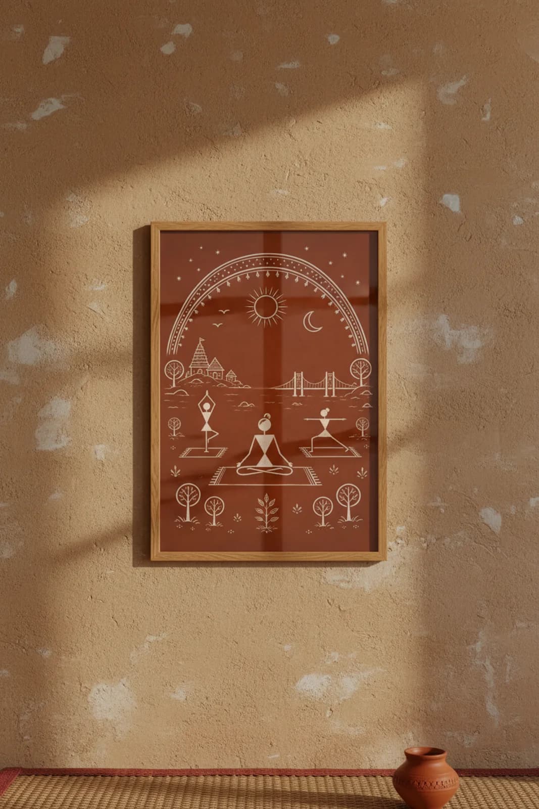Yoga Mat Sunrise Warli print in natural oak A2 frame on warm-earth-neutral mud-plaster wall — rustic Indian folk art mockup