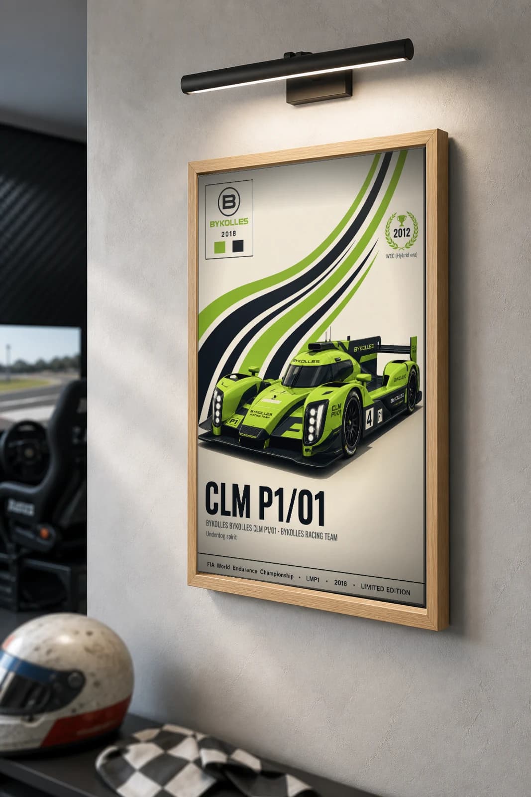ByKolles Racing Team CLM P1/01 Poster — 2018 LMP1 WEC racing wall art · #4 · framed A2 — the framed print shown at a three-quarter angle on a styled gallery wall in a natural-oak frame