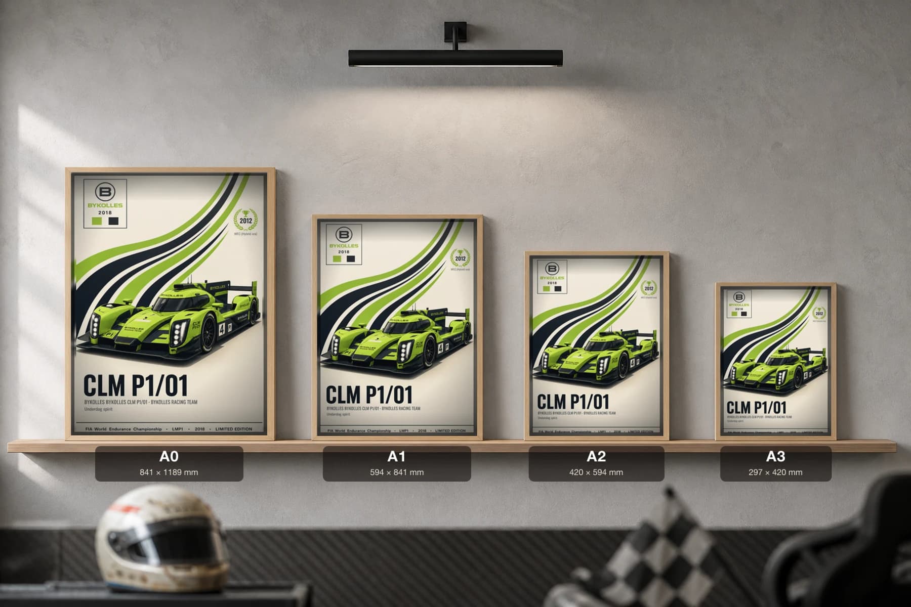 ByKolles Racing Team CLM P1/01 Poster — 2018 LMP1 WEC racing wall art · #4 · framed A2 — print size guide showing the artwork at A0, A1, A2 and A3 in natural-oak frames at true relative scale
