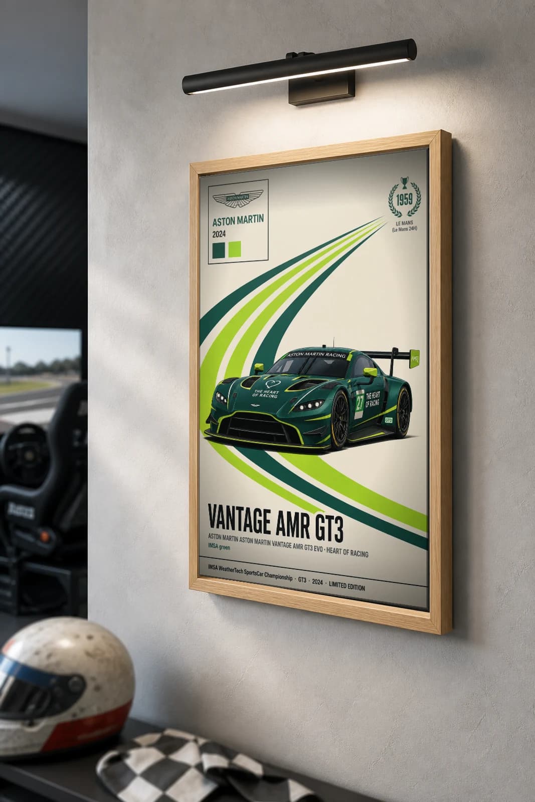 Heart of Racing Vantage AMR GT3 EVO Poster — 2024 GTD WEC racing wall art · #27 · framed A2 — the framed print shown at a three-quarter angle on a styled gallery wall in a natural-oak frame