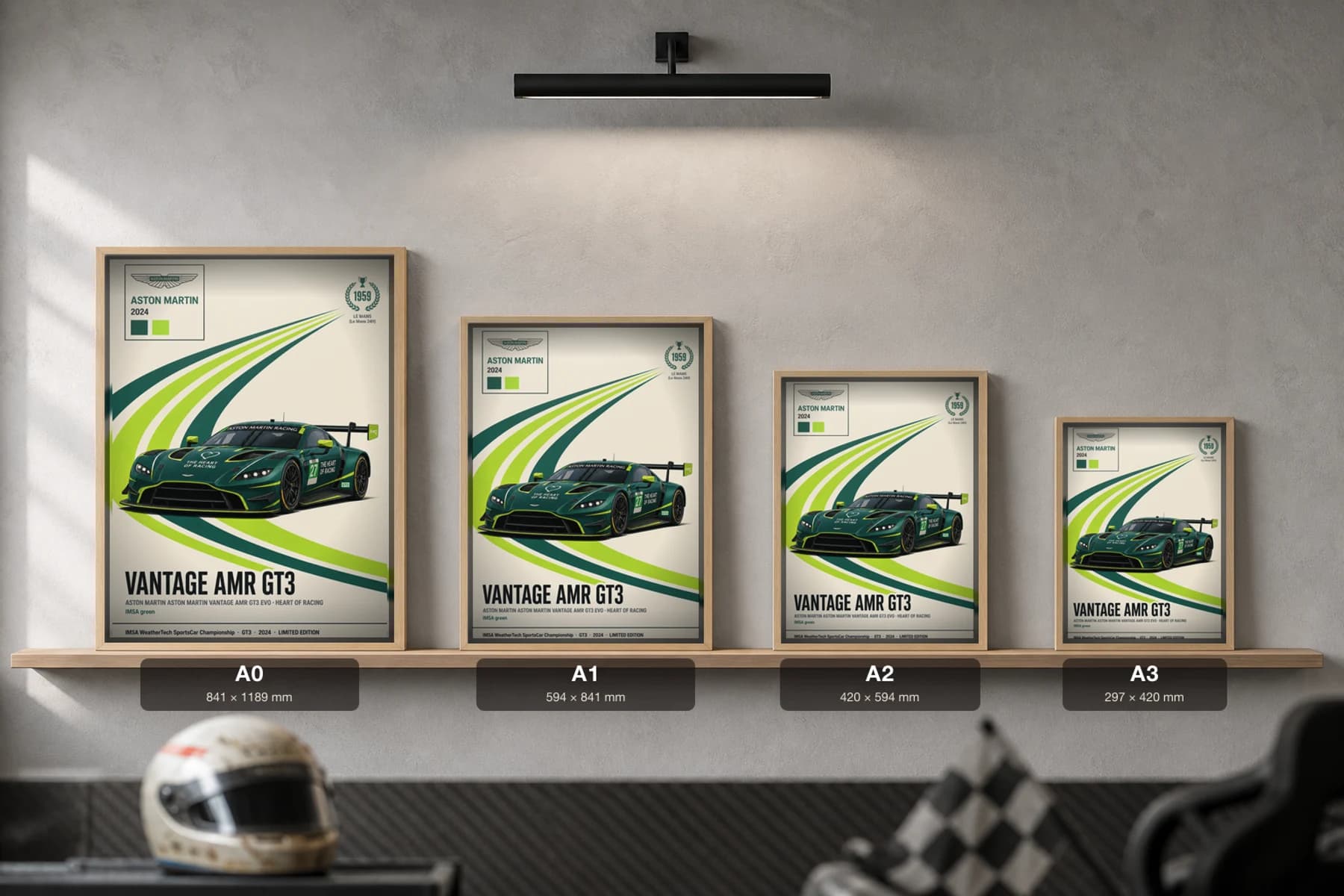 Heart of Racing Vantage AMR GT3 EVO Poster — 2024 GTD WEC racing wall art · #27 · framed A2 — print size guide showing the artwork at A0, A1, A2 and A3 in natural-oak frames at true relative scale