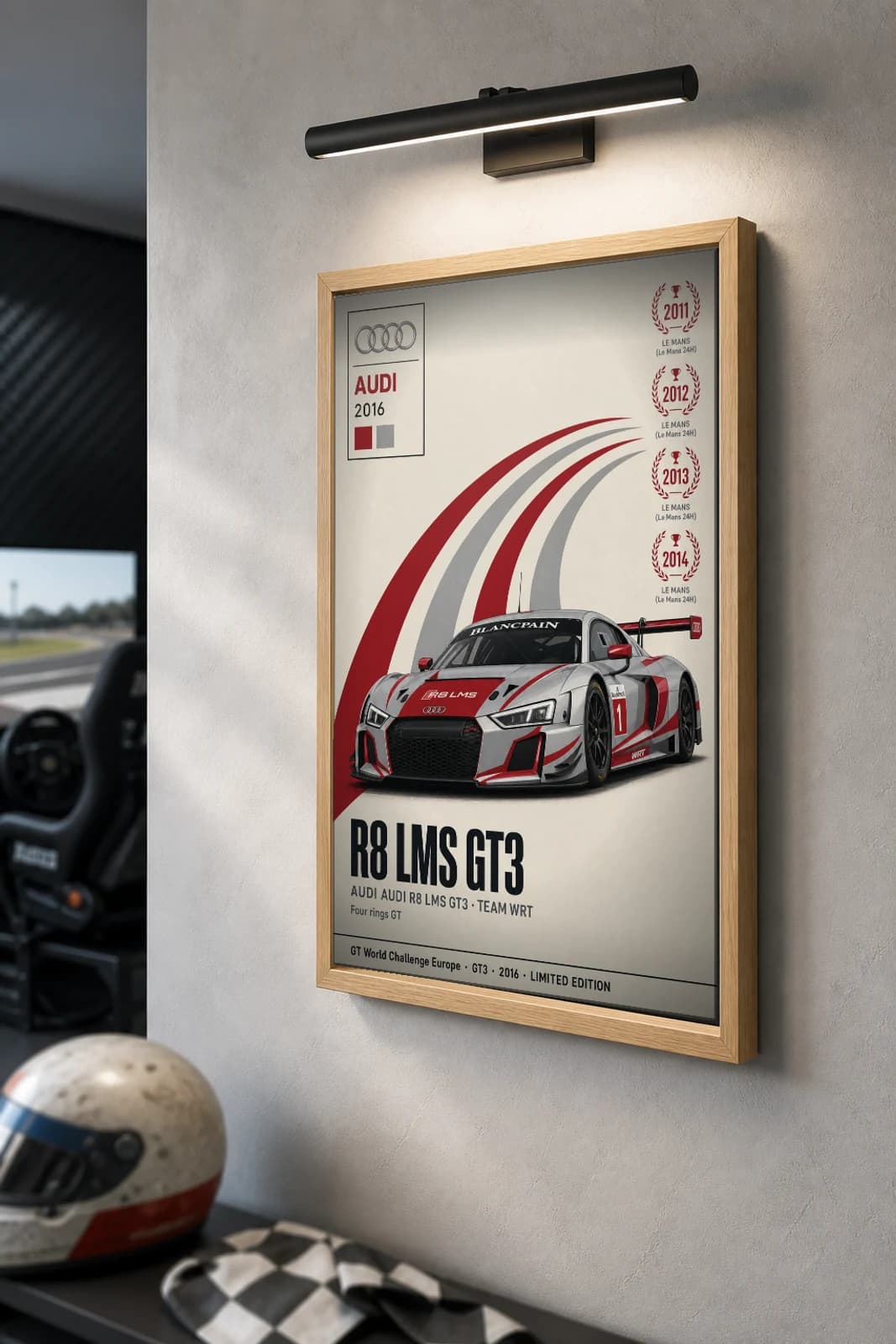 Team WRT R8 LMS GT3 Poster — 2016 GT3 WEC racing wall art · #1 · framed A2 — the framed print shown at a three-quarter angle on a styled gallery wall in a natural-oak frame