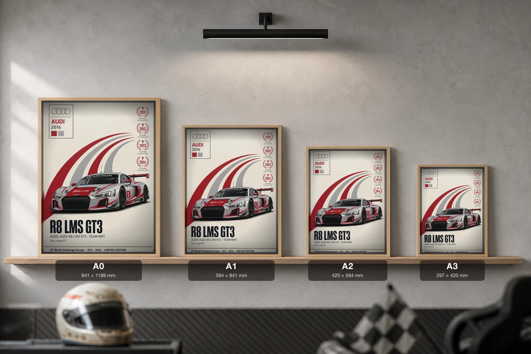 Team WRT R8 LMS GT3 Poster — 2016 GT3 WEC racing wall art · #1 · framed A2 — print size guide showing the artwork at A0, A1, A2 and A3 in natural-oak frames at true relative scale