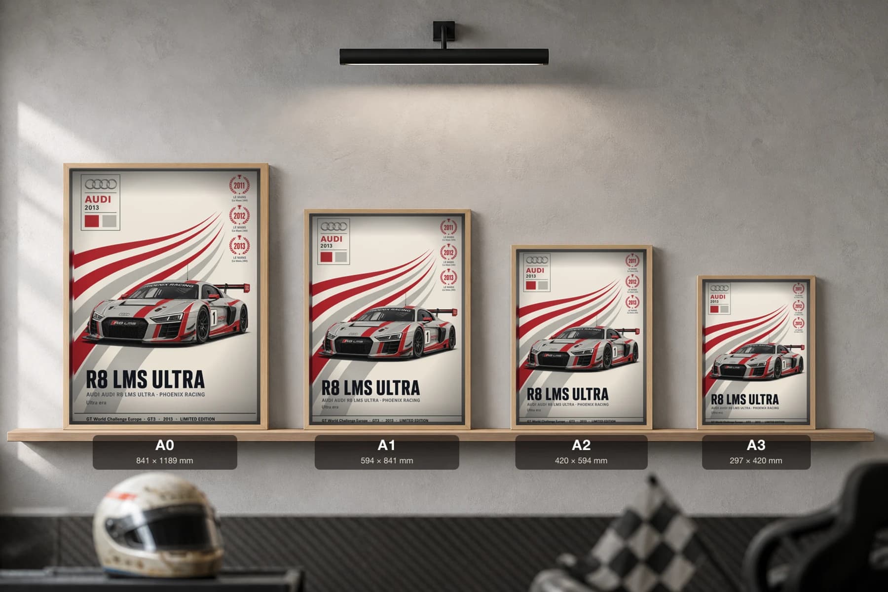 Phoenix Racing R8 LMS ULTRA Poster — 2013 GT3 WEC racing wall art · #1 · framed A2 — print size guide showing the artwork at A0, A1, A2 and A3 in natural-oak frames at true relative scale