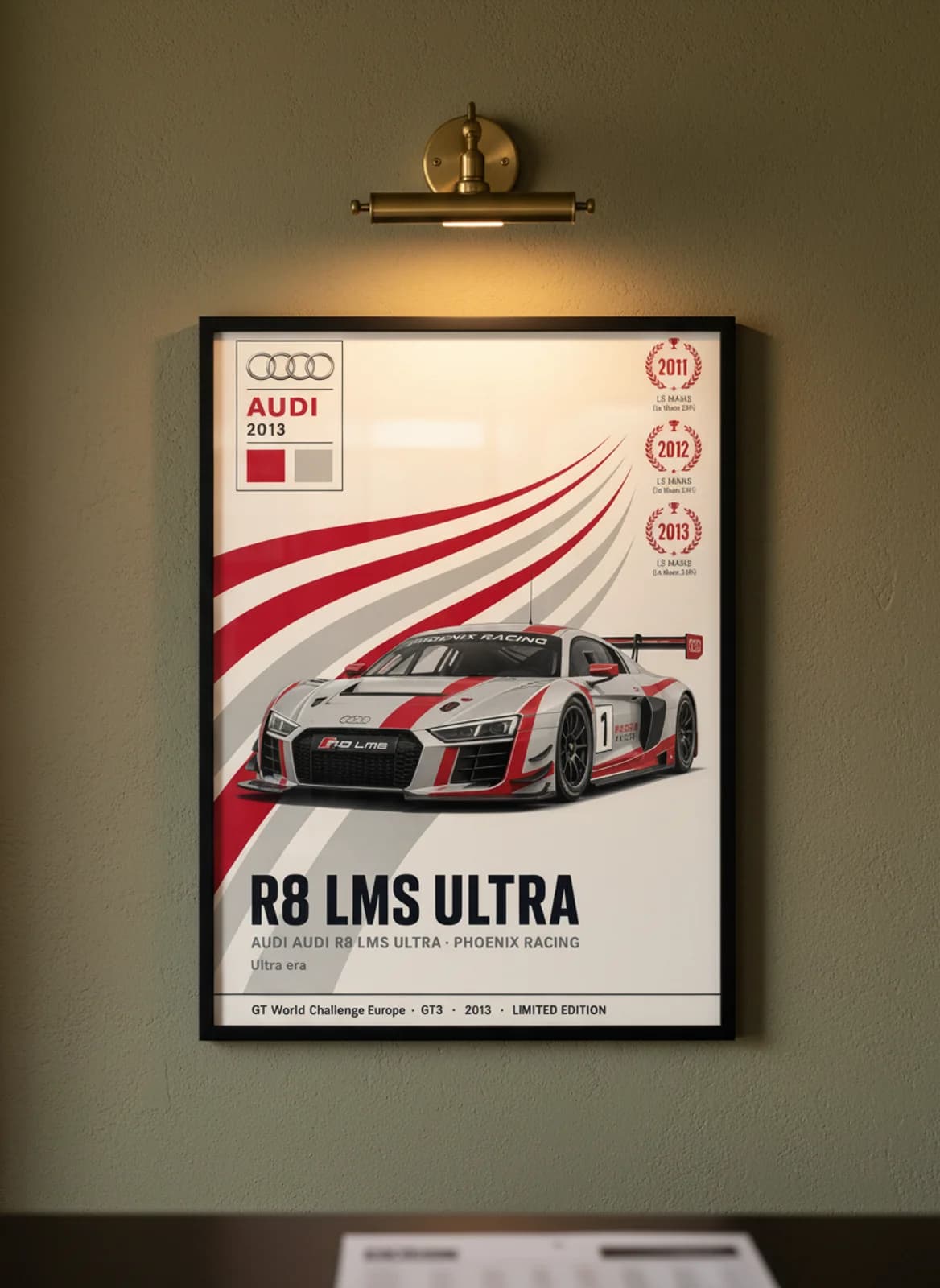 R8 LMS ULTRA WEC Masters endurance print in black A2 frame on audi-red olive wall — WEC Masters mockup