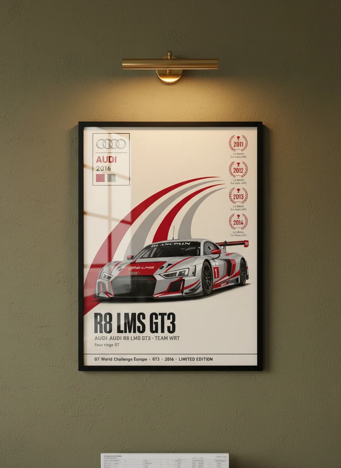 R8 LMS GT3 WEC Masters endurance print in black A2 frame on silver-grey olive wall — WEC Masters mockup