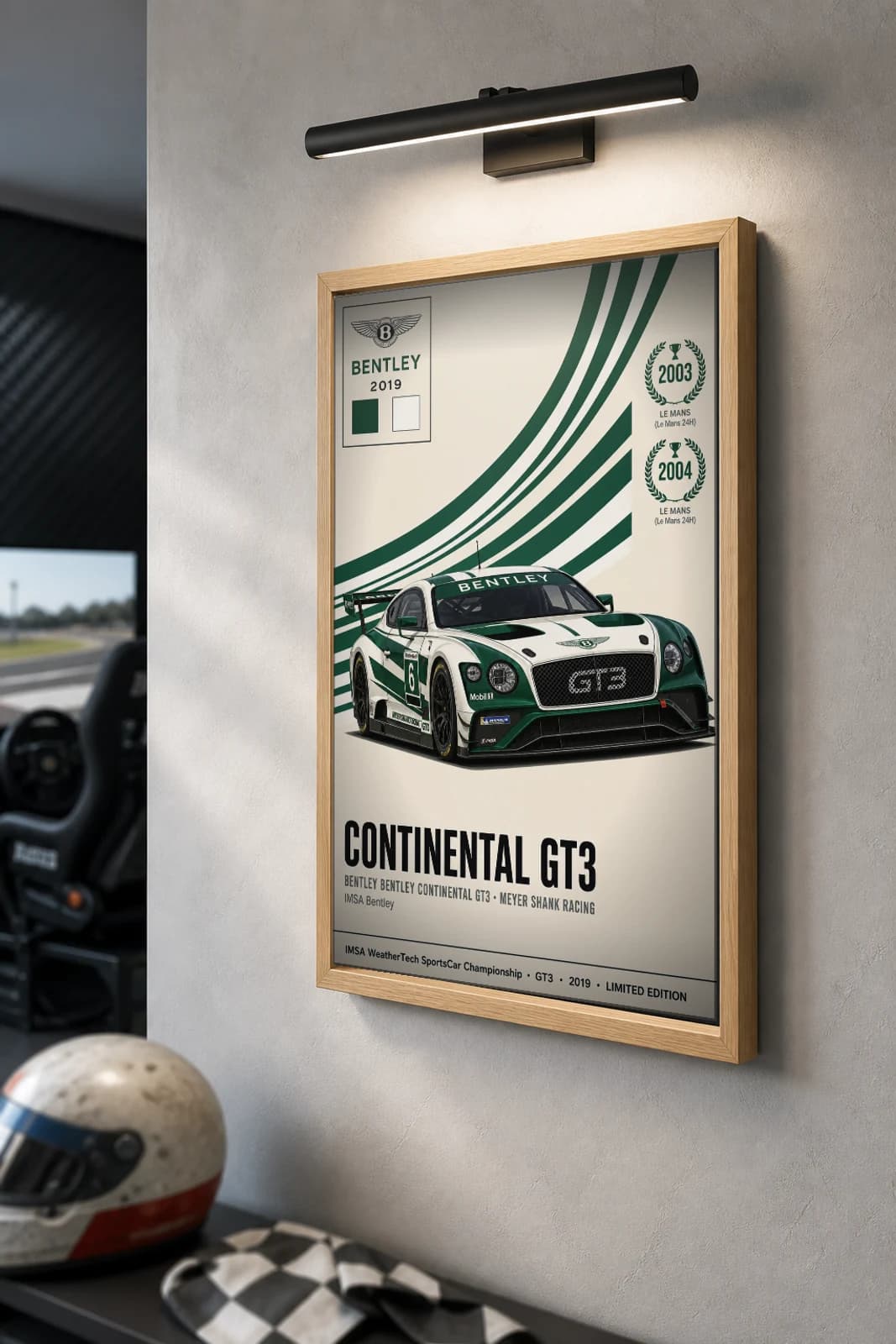 Meyer Shank Racing Continental GT3 Poster — 2019 GTD WEC racing wall art · #6 · framed A2 — the framed print shown at a three-quarter angle on a styled gallery wall in a natural-oak frame