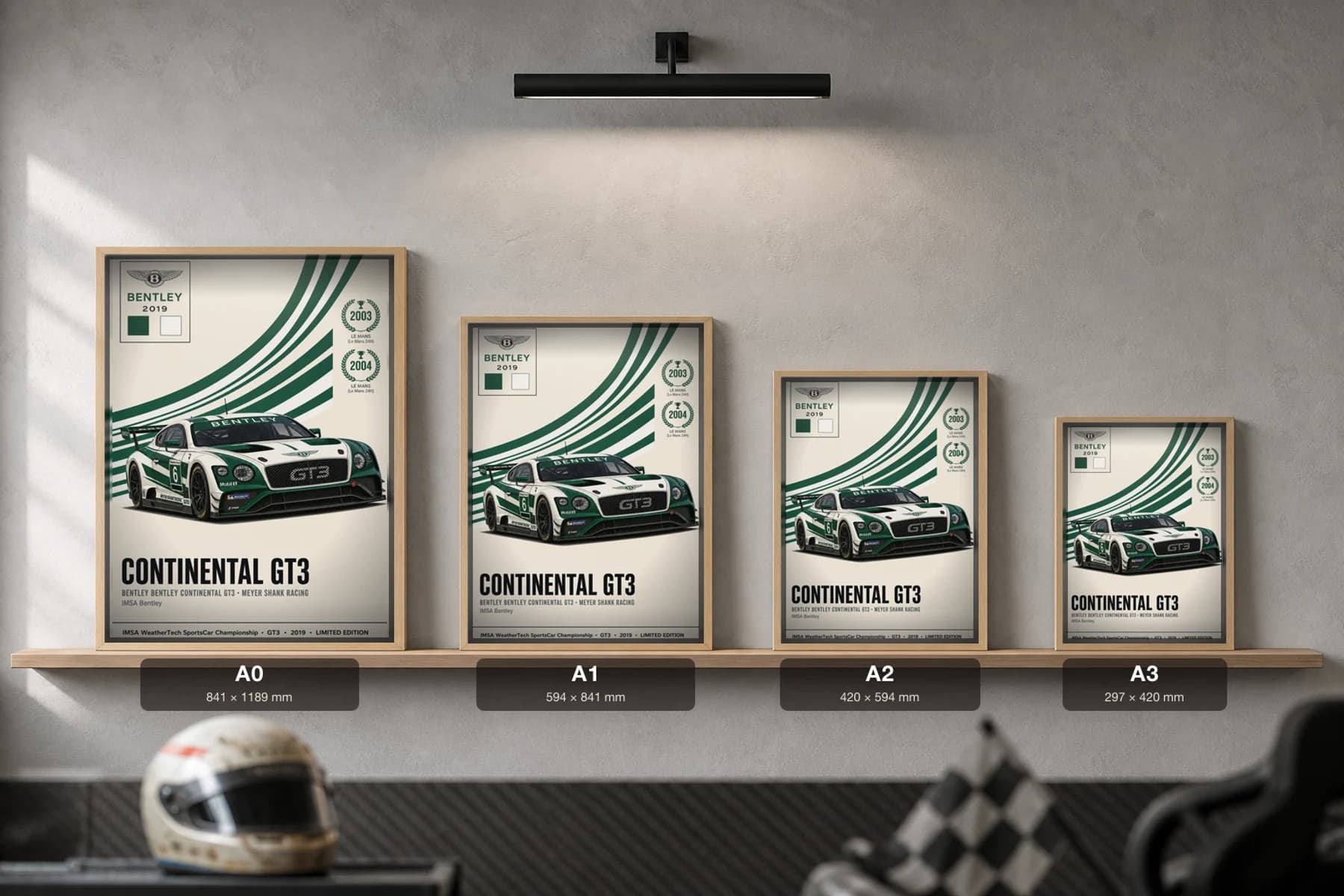 Meyer Shank Racing Continental GT3 Poster — 2019 GTD WEC racing wall art · #6 · framed A2 — print size guide showing the artwork at A0, A1, A2 and A3 in natural-oak frames at true relative scale