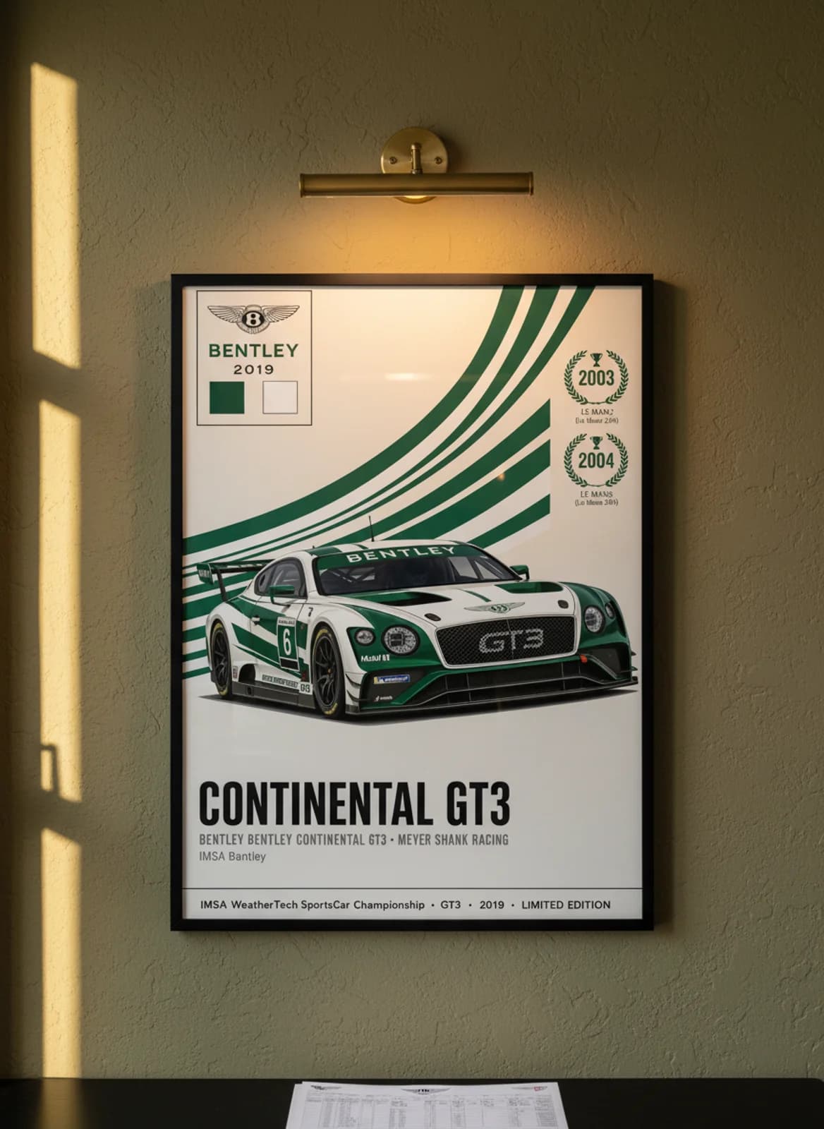 Continental GT3 — Meyer Shank #6 WEC Masters endurance print in black A2 frame on british-racing-green olive wall — WEC Masters mockup