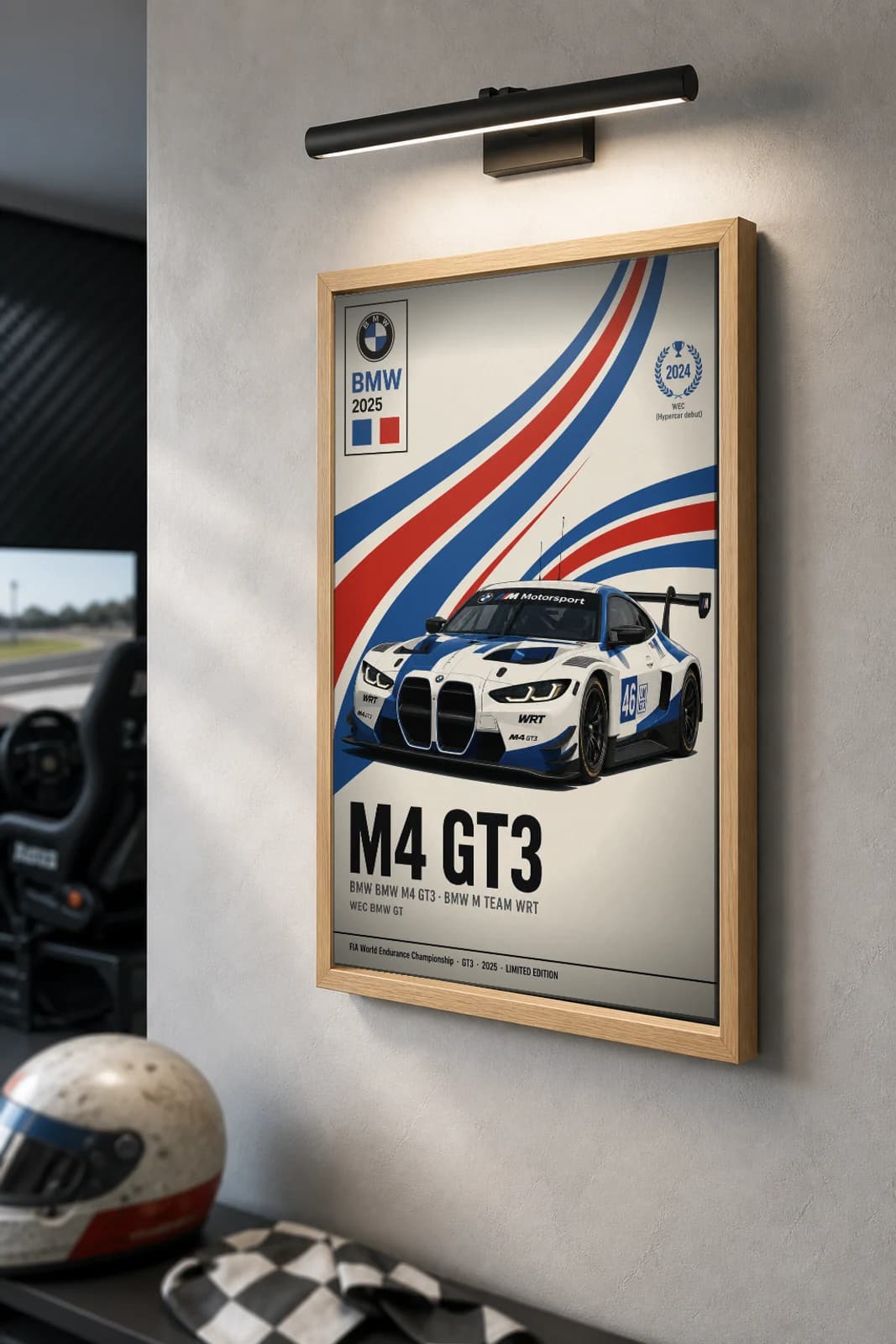 BMW M Team WRT M4 GT3 Poster — 2025 LMGT3 WEC racing wall art · #46 · framed A2 — the framed print shown at a three-quarter angle on a styled gallery wall in a natural-oak frame