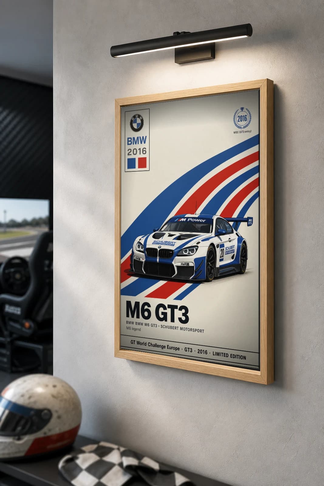 Schubert Motorsport M6 GT3 Poster — 2016 GT3 WEC racing wall art · #20 · framed A2 — the framed print shown at a three-quarter angle on a styled gallery wall in a natural-oak frame