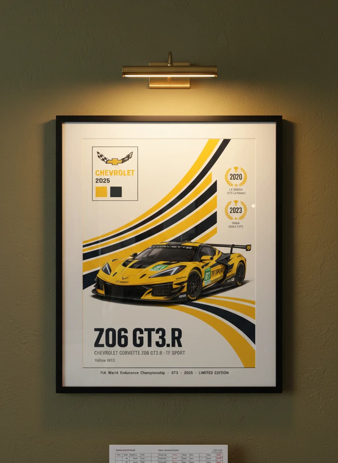 Z06 GT3.R WEC Masters endurance print in black A2 frame on factory-yellow olive wall — WEC Masters mockup